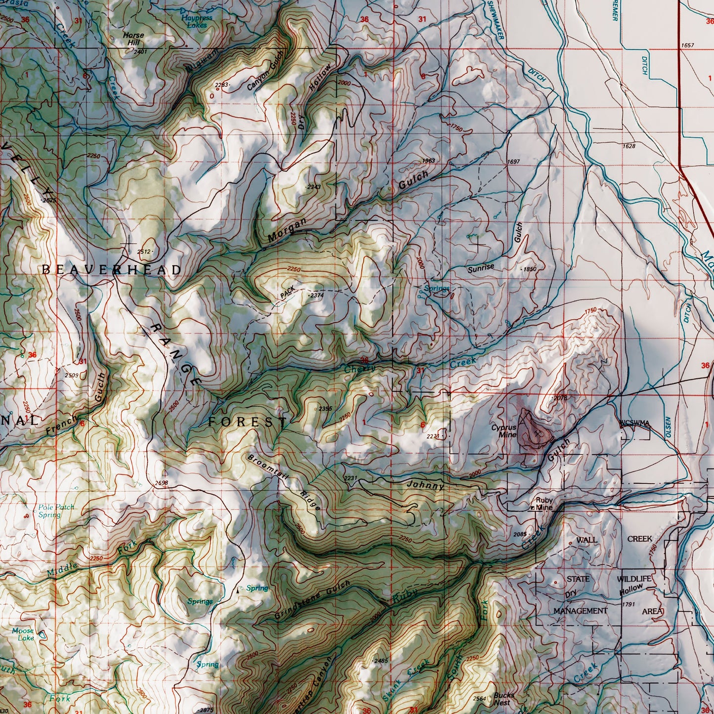 Big Sky, Montana 1989 Shaded Relief Map
