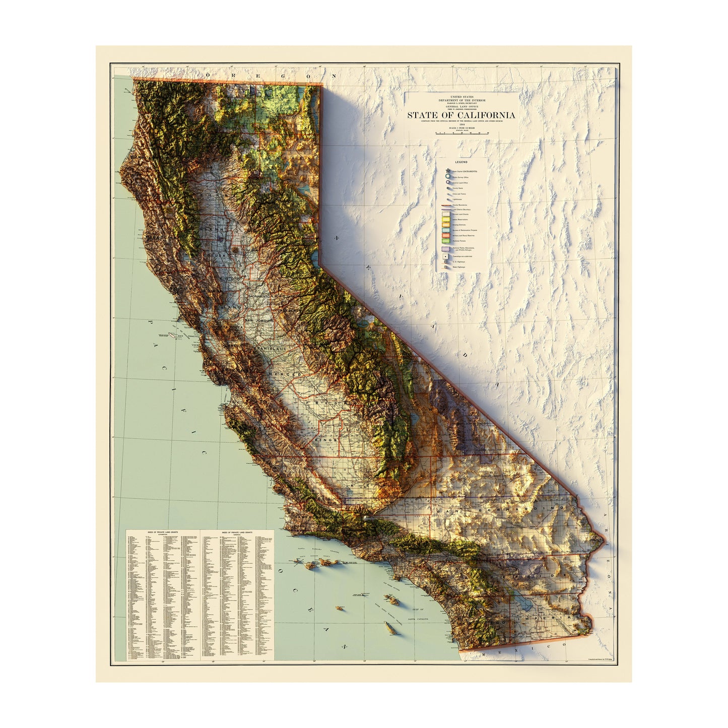 Vintage California Relief Map - 1944