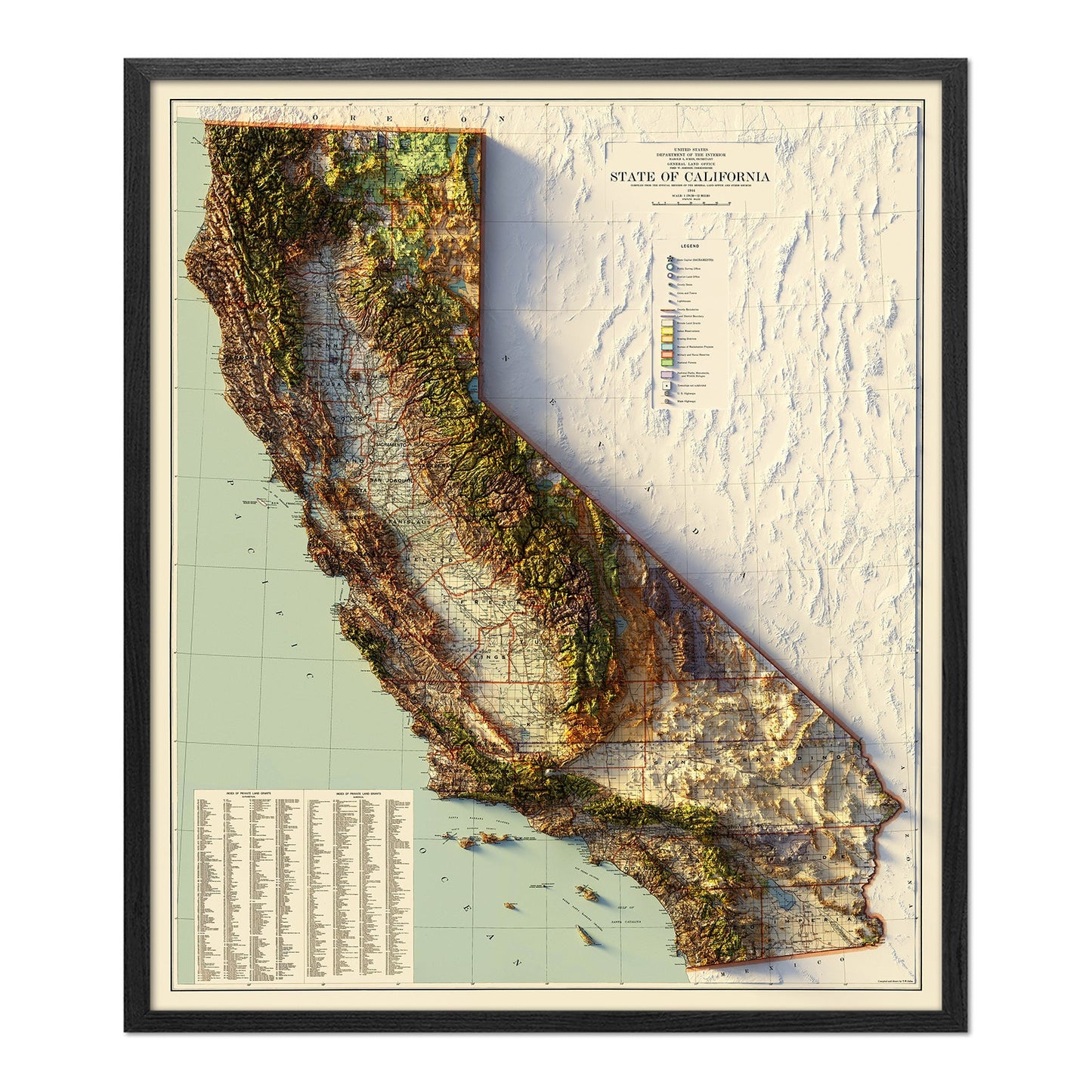 Vintage California Relief Map - 1944