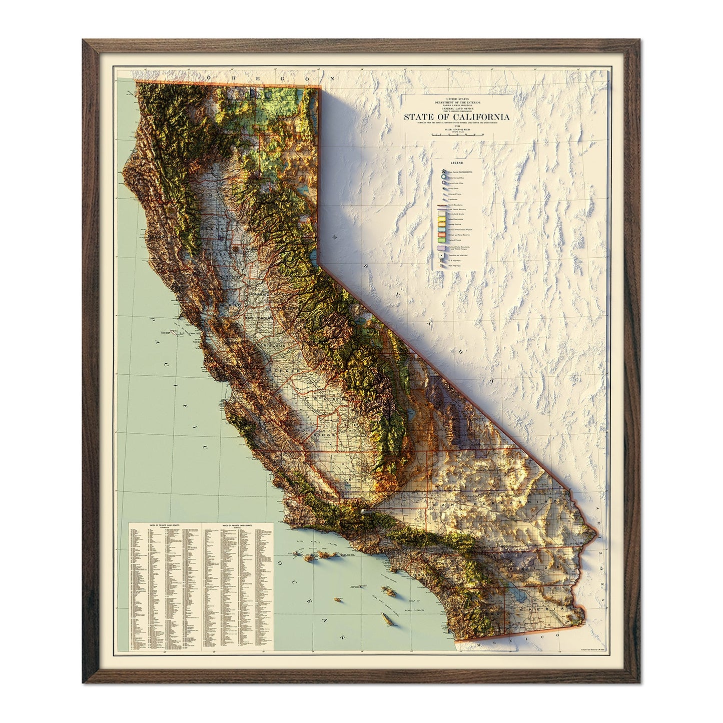 Vintage California Relief Map - 1944