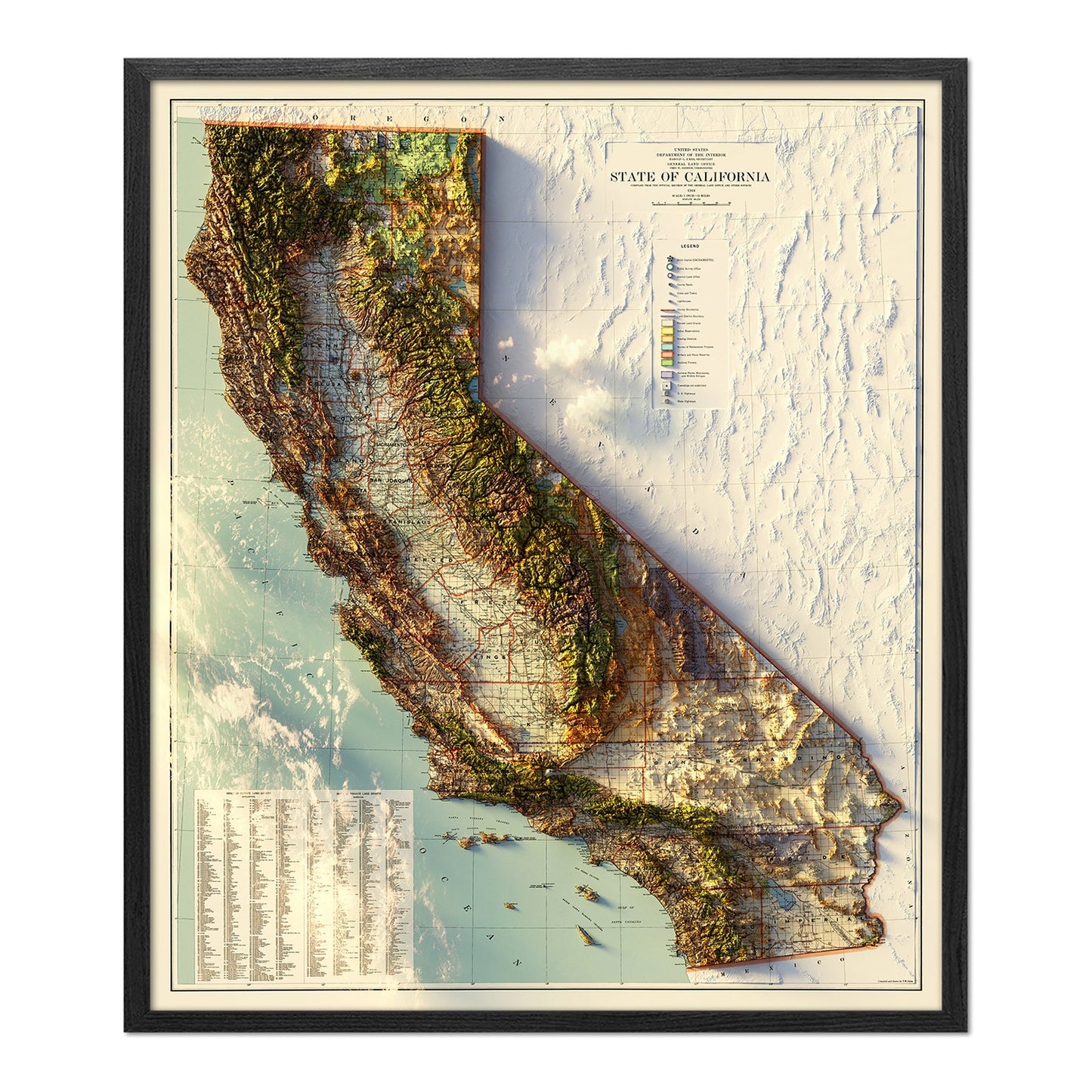 Vintage California Relief Map - 1944