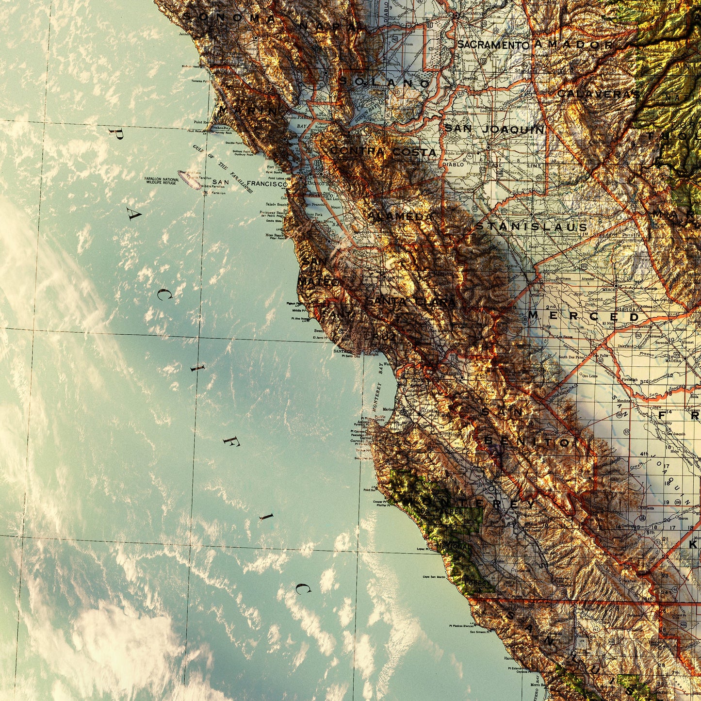 California 1944 Shaded Relief Map