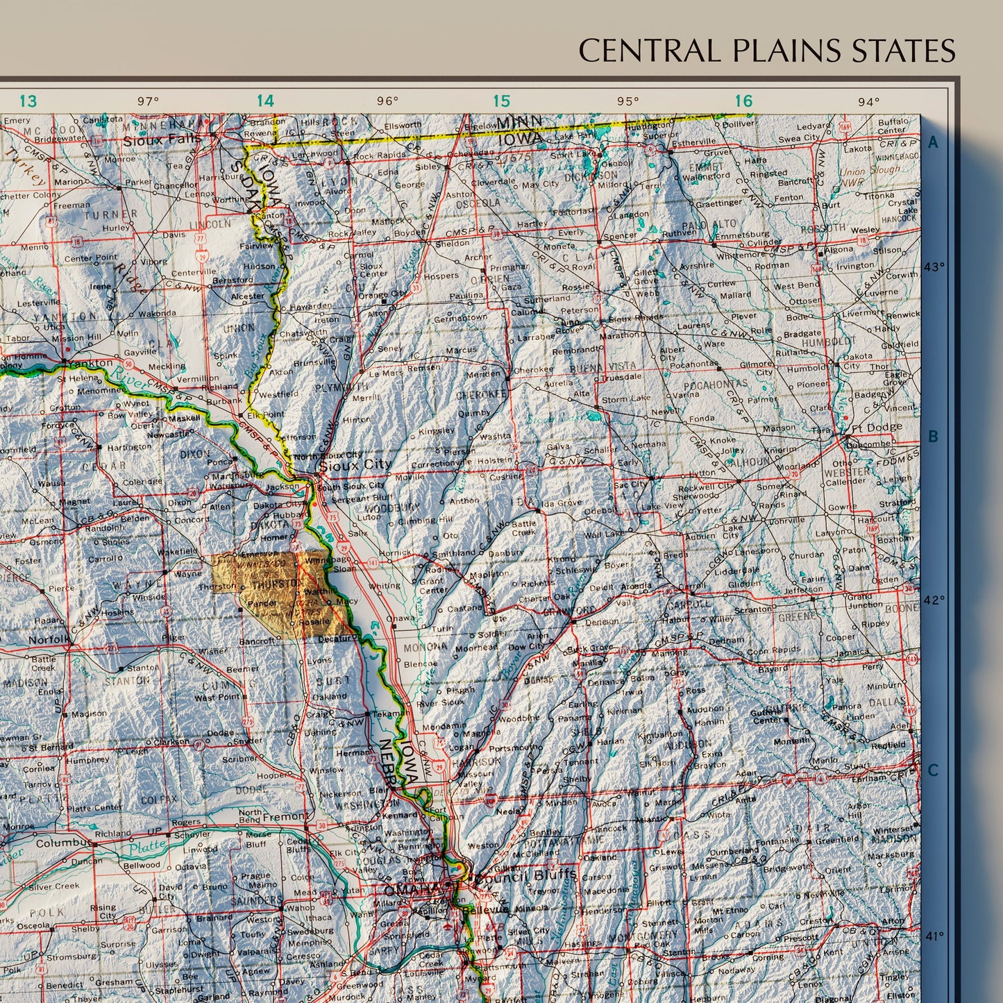 Central Plains States 1970 Shaded Relief Map