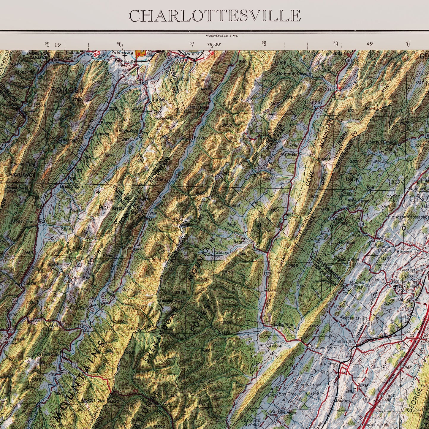Charlottesville, VA 1965 Shaded Relief Map