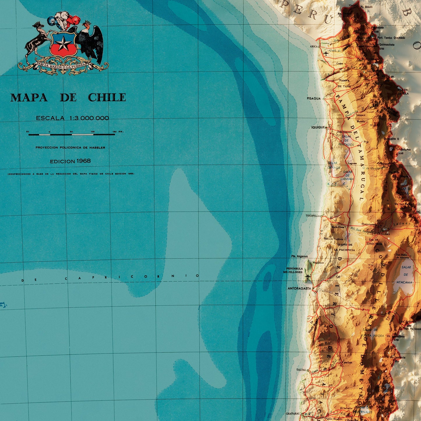 Chile 1968 Shaded Relief Map