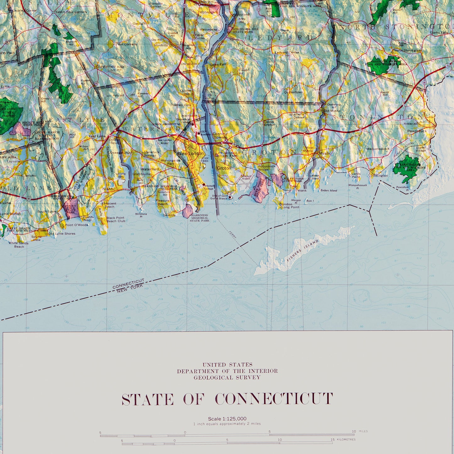 Connecticut 1974 Shaded Relief Map
