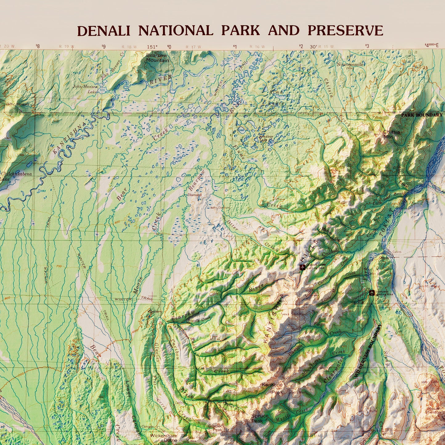 Denali National Park 1986 Shaded Relief Map
