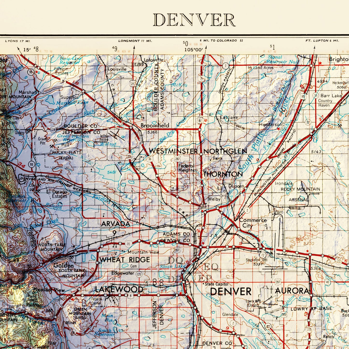 Denver, CO 1953 Shaded Relief Map