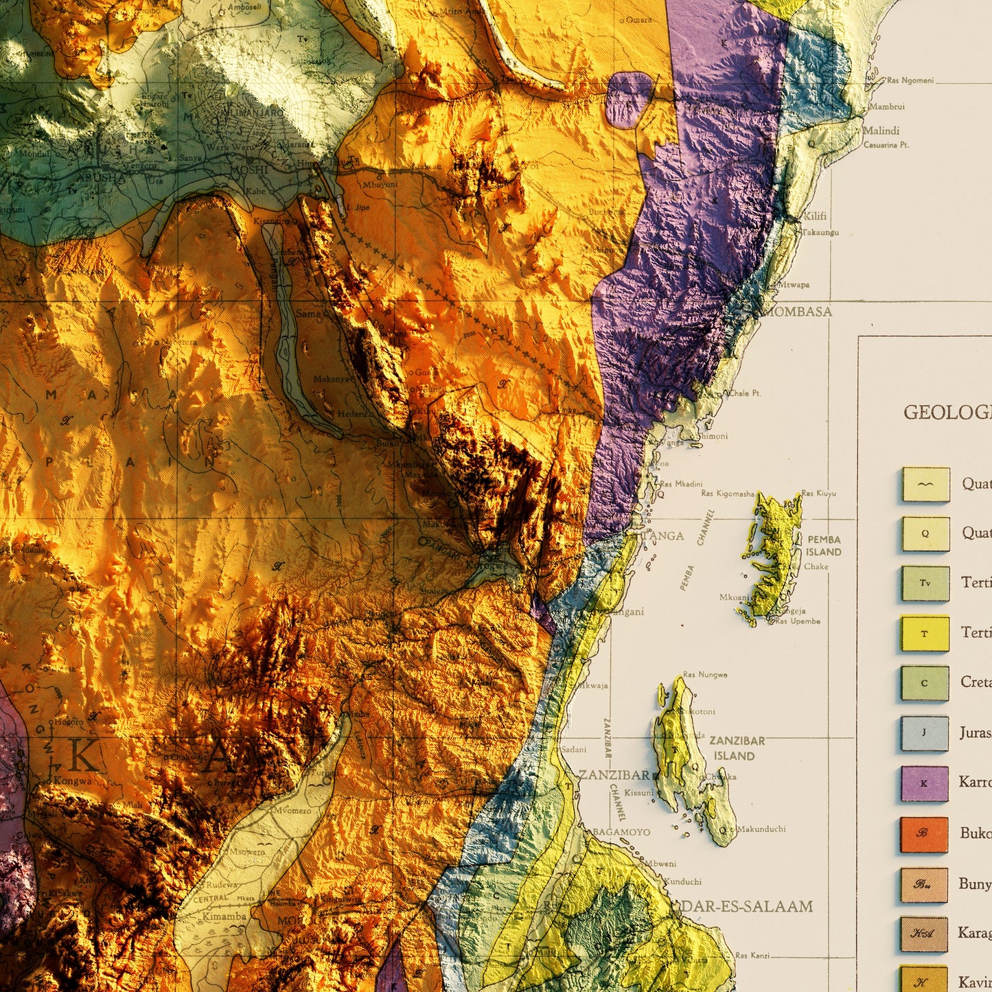East Africa 1952 Shaded Relief Map