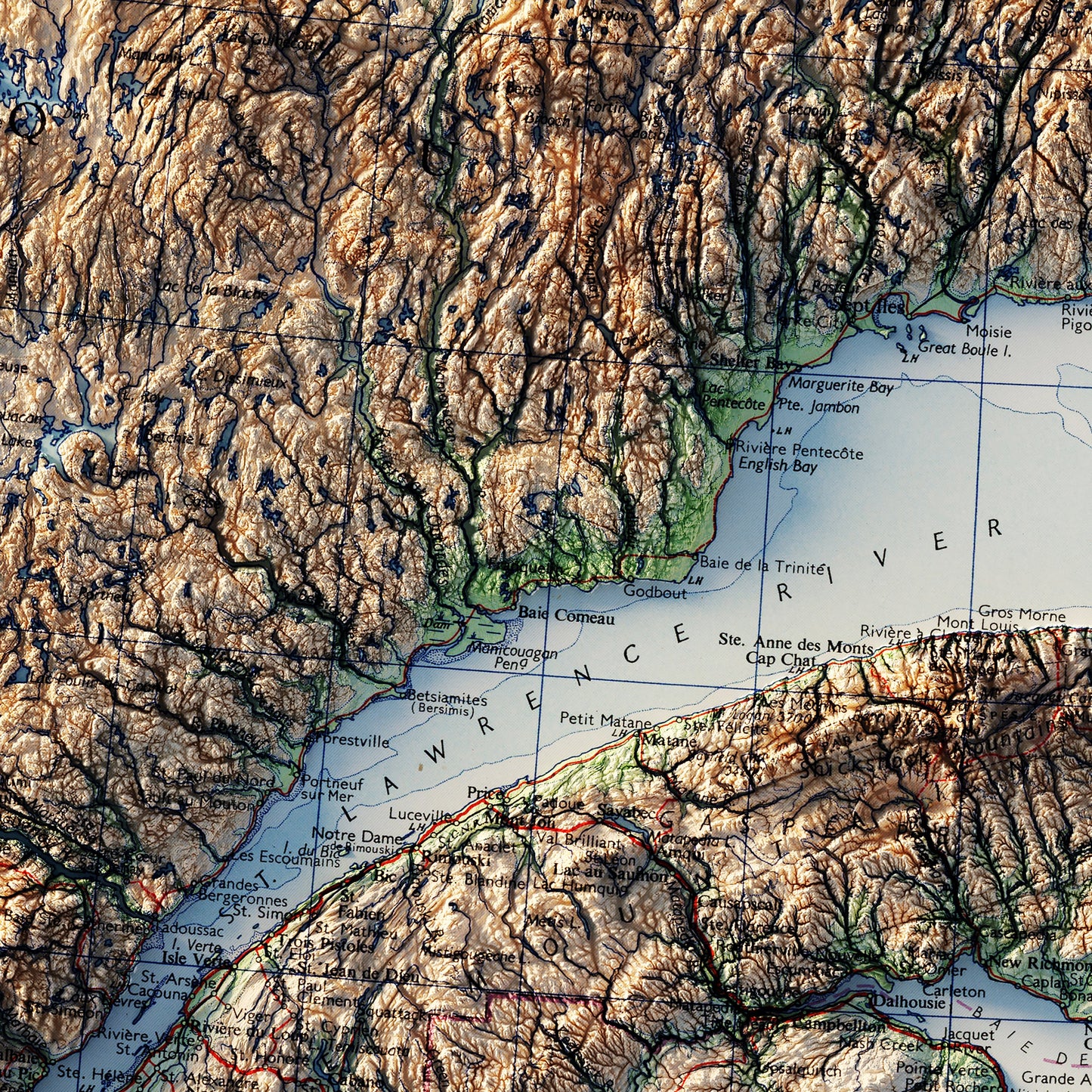 Eastern Canada 1959 Shaded Relief Map