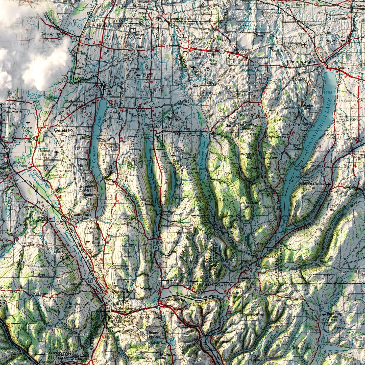 Finger Lakes, New York 1962 Shaded Relief Map
