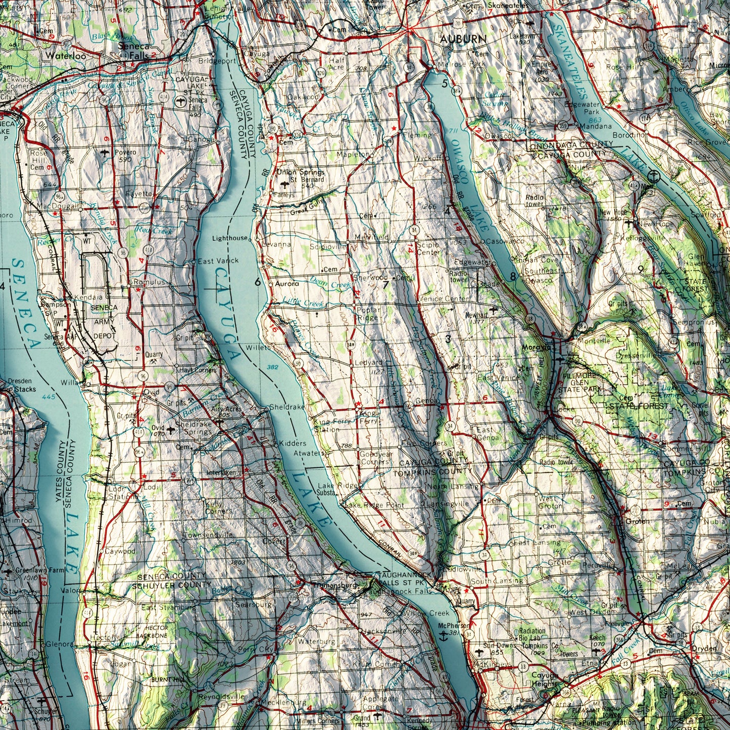Finger Lakes, New York 1962 Shaded Relief Map
