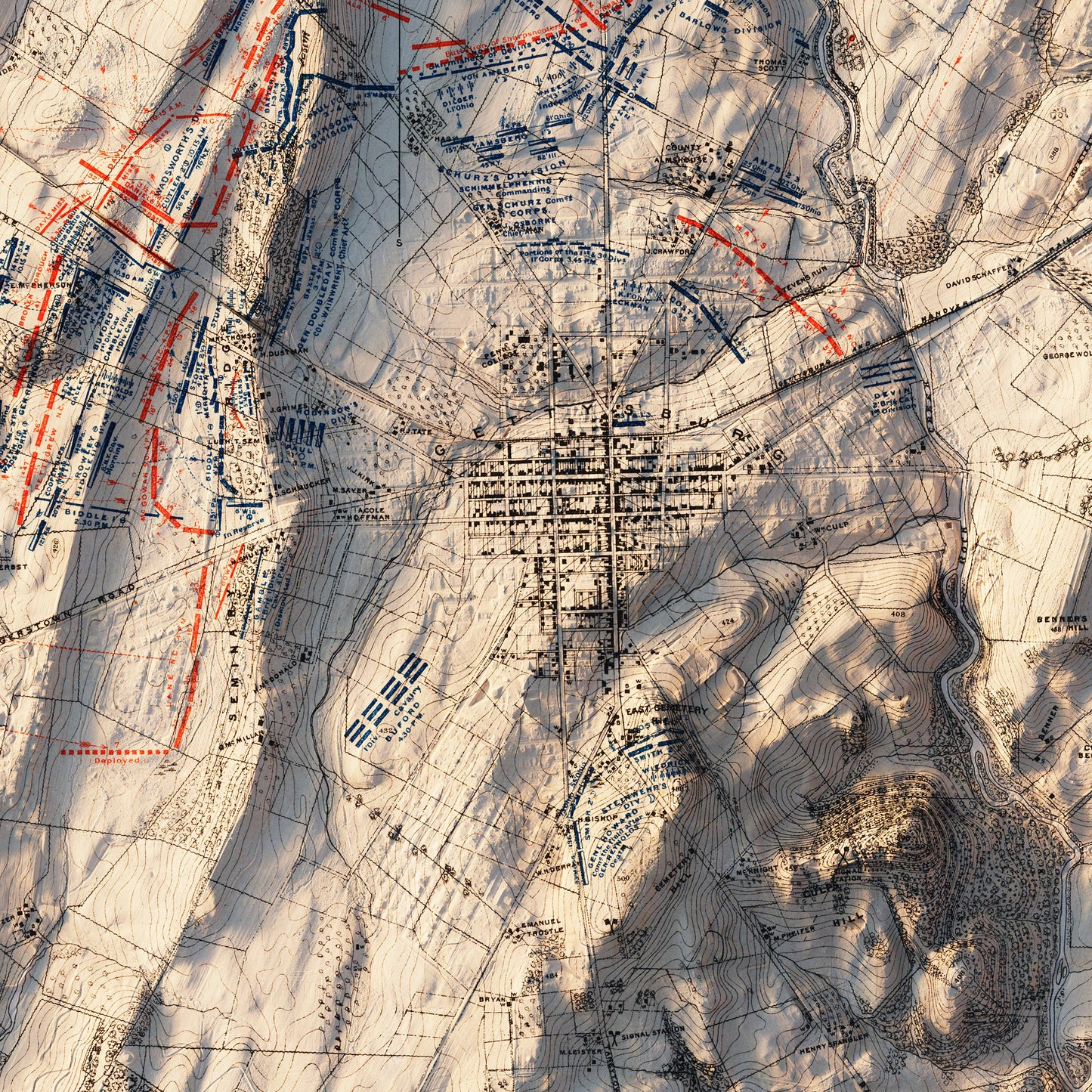 Gettysburg 1st Day 1876 Shaded Relief Map