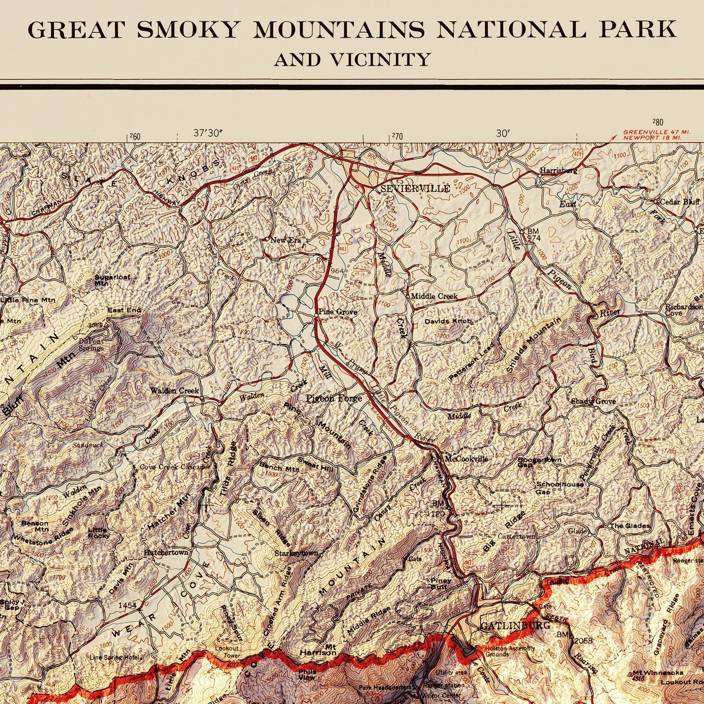 Great Smoky Mountains 1974 Shaded Relief Map