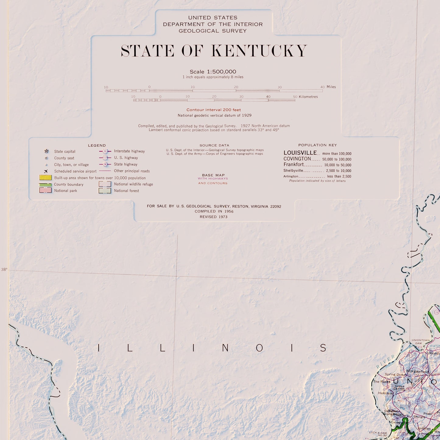 Kentucky 1973 Shaded Relief Map