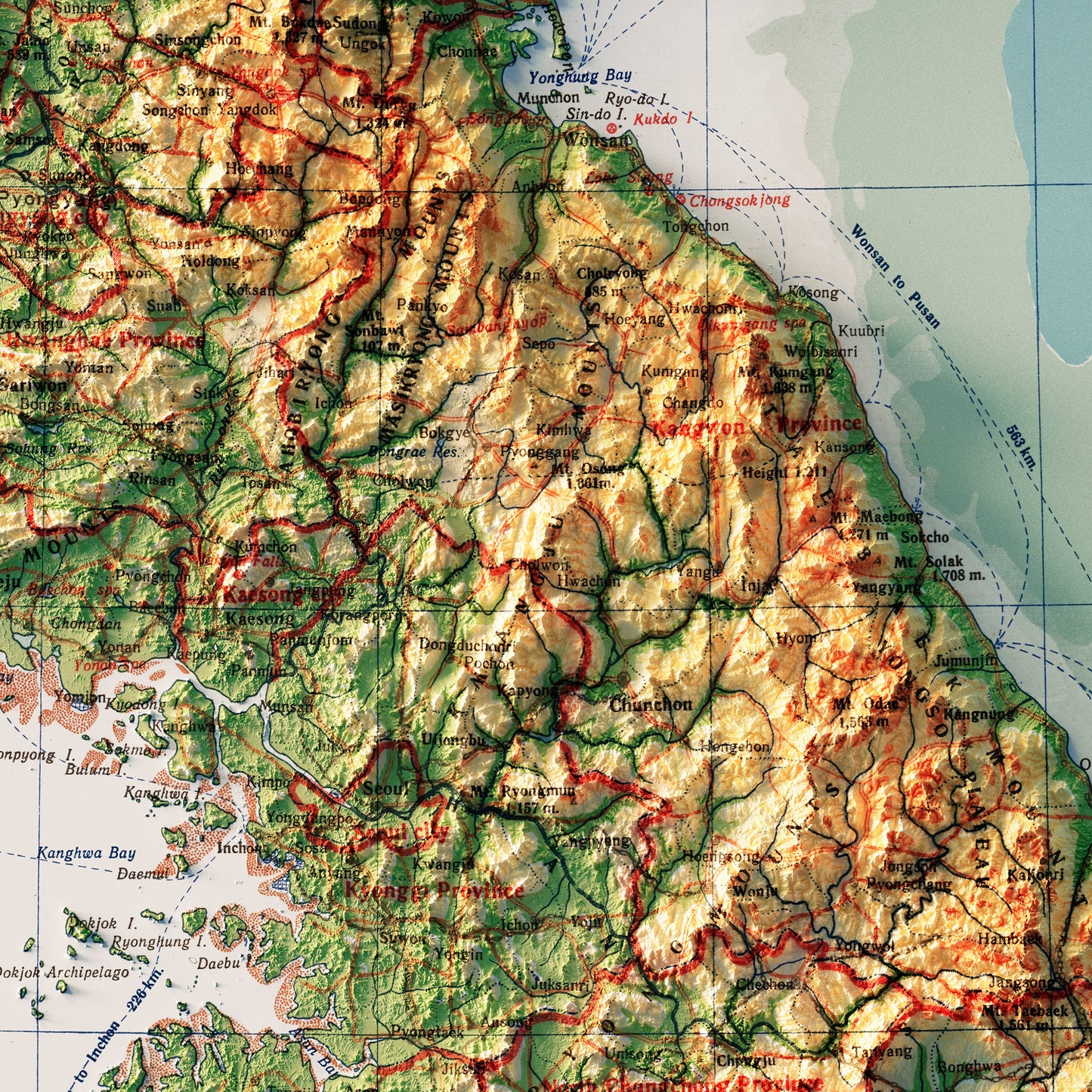 Korea Topographic 1966 Shaded Relief Map