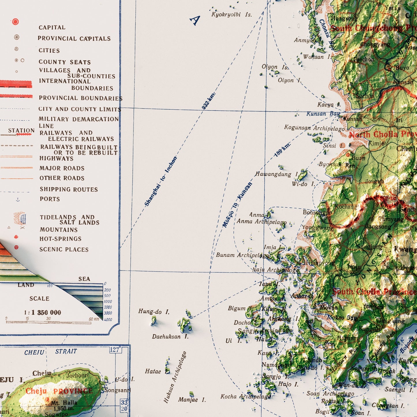 Korea Topographic 1966 Shaded Relief Map