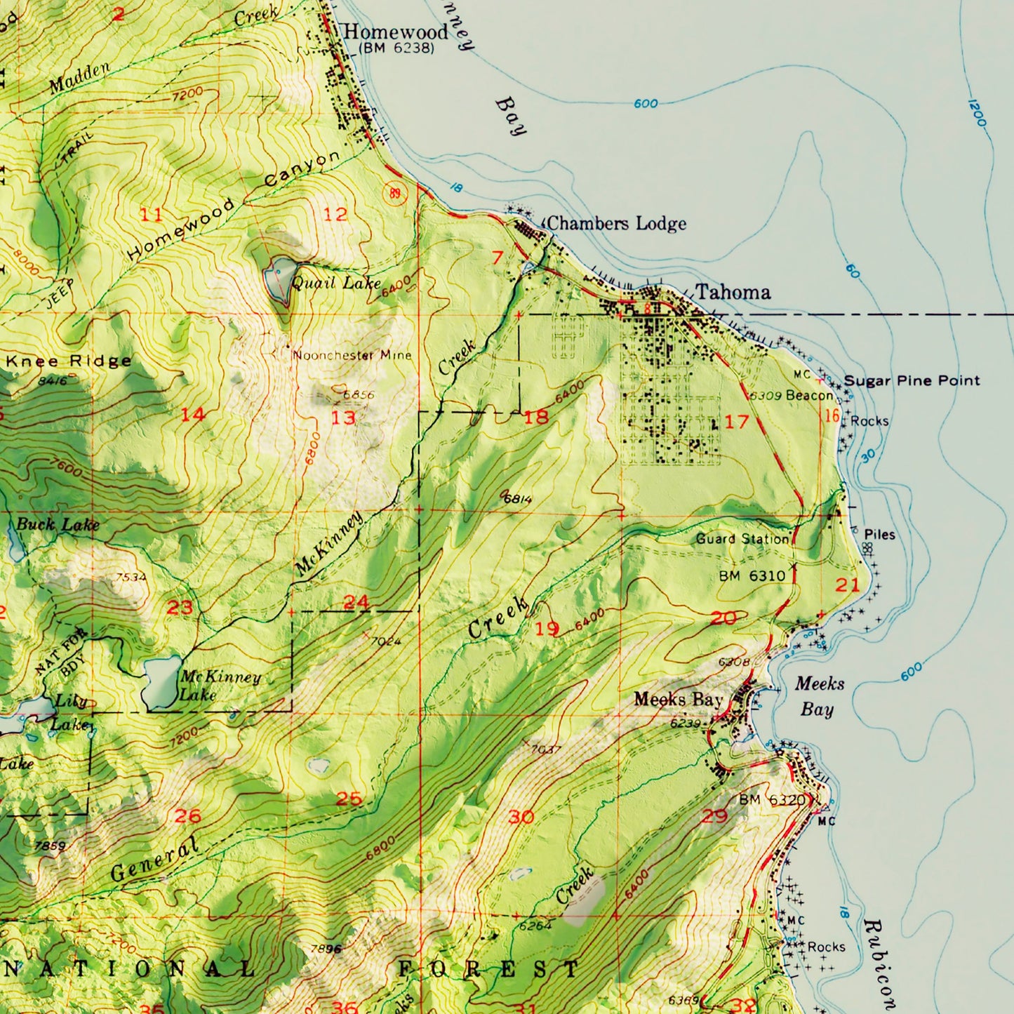 Lake Tahoe, CA 1955 Shaded Relief Map