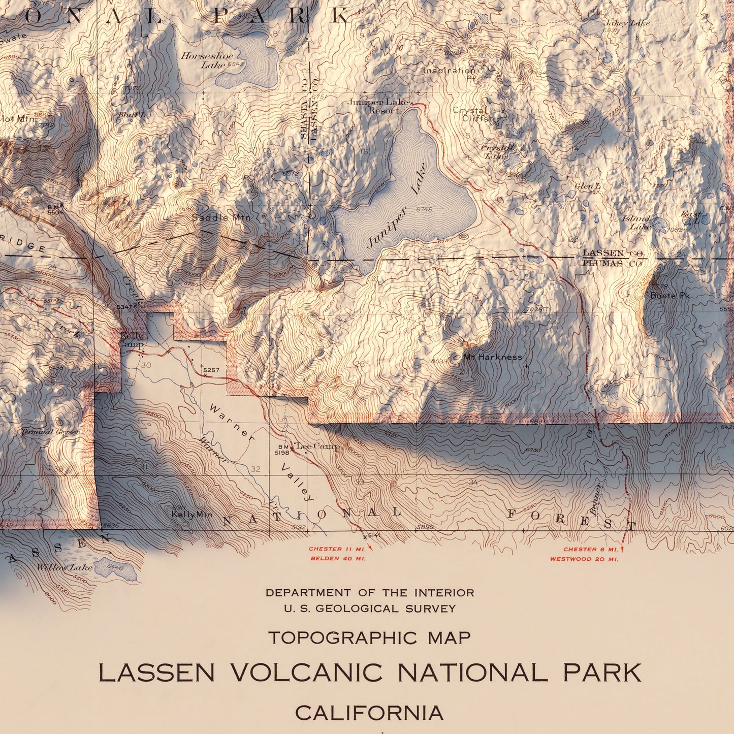 Lassen Volcanic National Park 1929 Shaded Relief Map