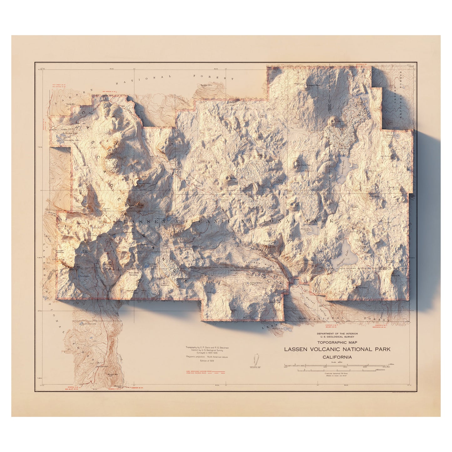 Lassen Volcanic National Park 1929 Shaded Relief Map