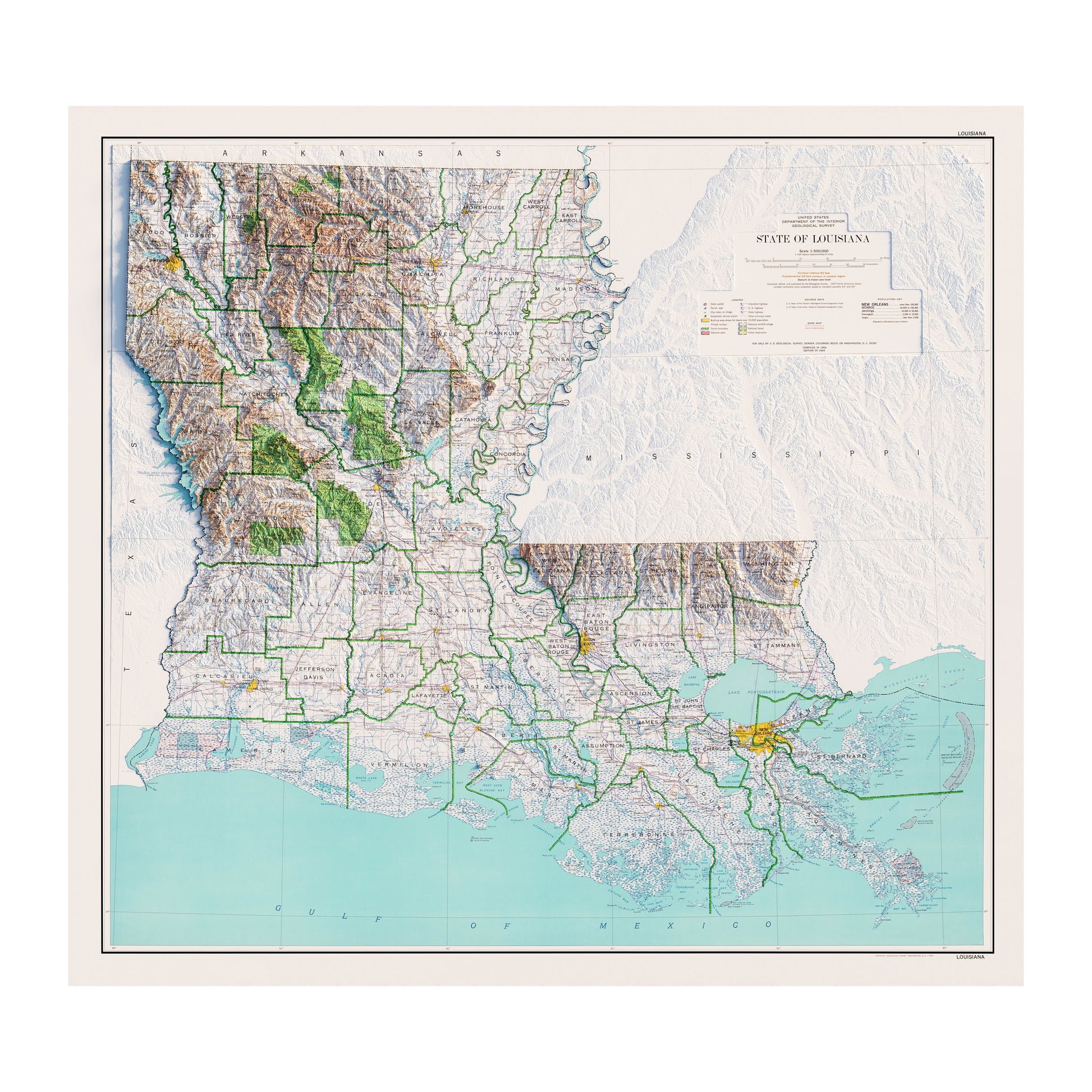 Vintage Louisiana Relief Map - 1968