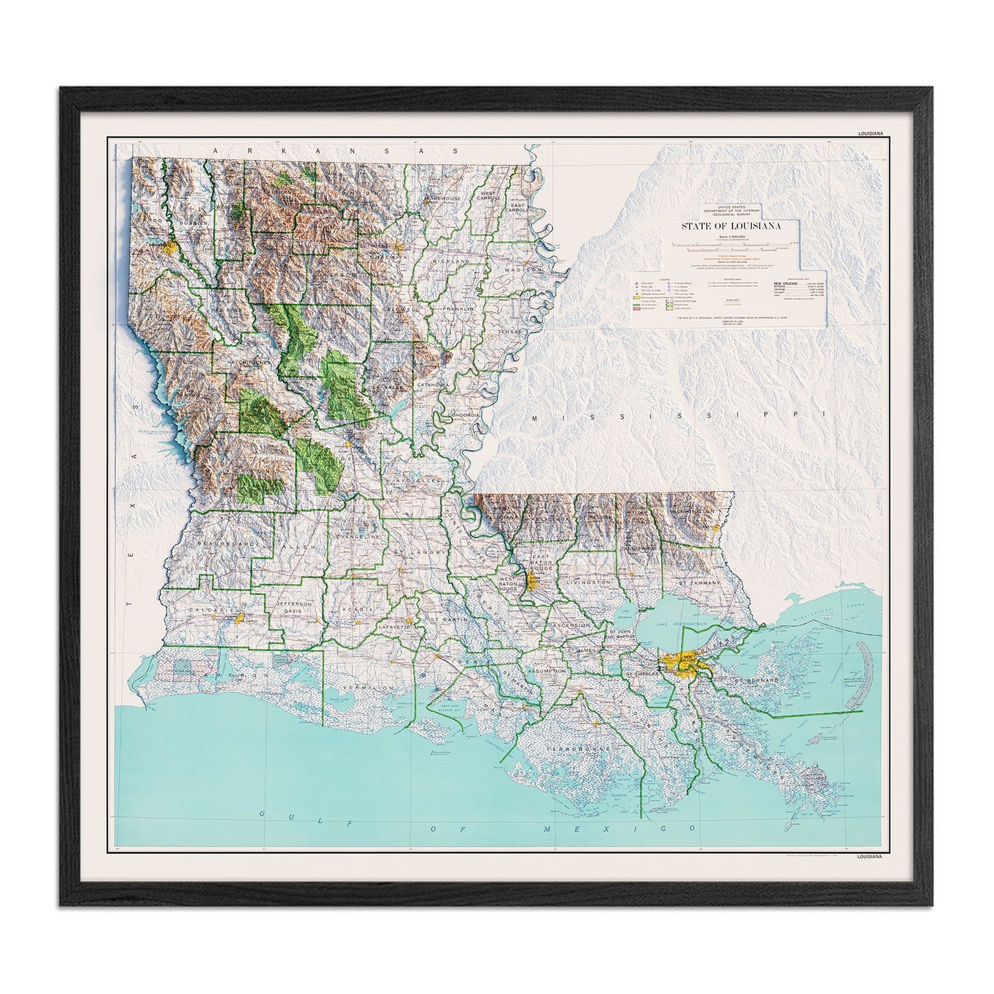 Vintage Louisiana Relief Map - 1968