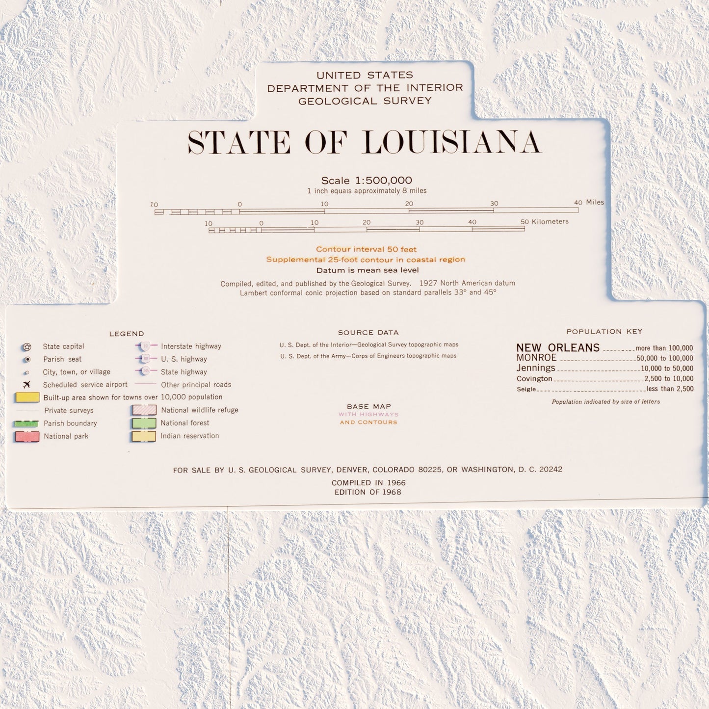 Louisiana 1968 Shaded Relief Map