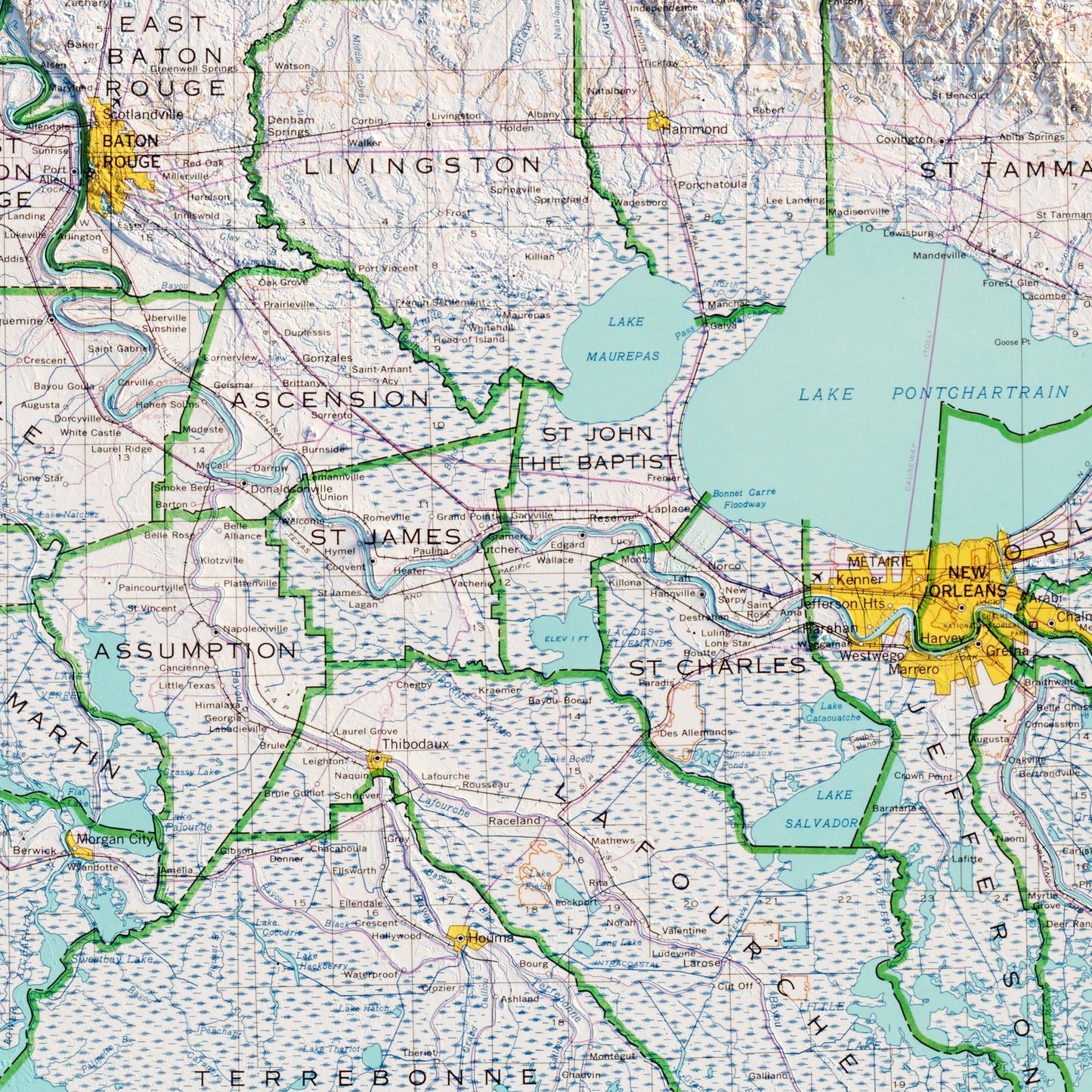 Louisiana 1968 Shaded Relief Map