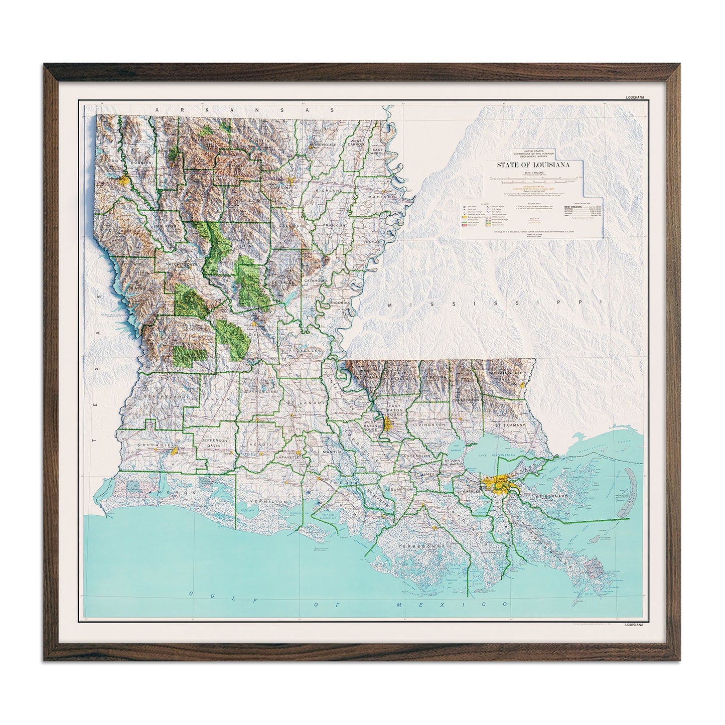 Vintage Louisiana Relief Map - 1968