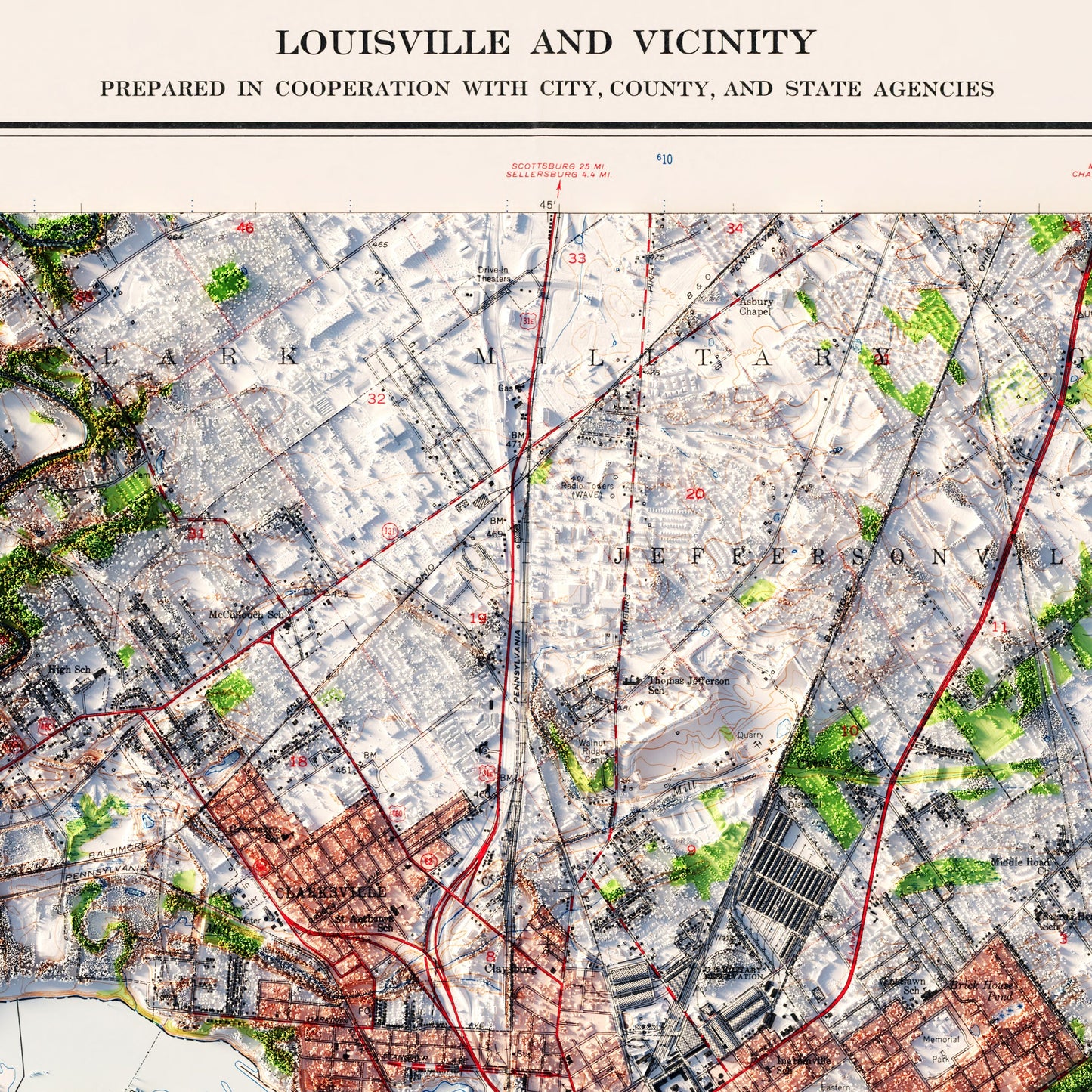 Louisville, Kentucky 1955 Shaded Relief Map