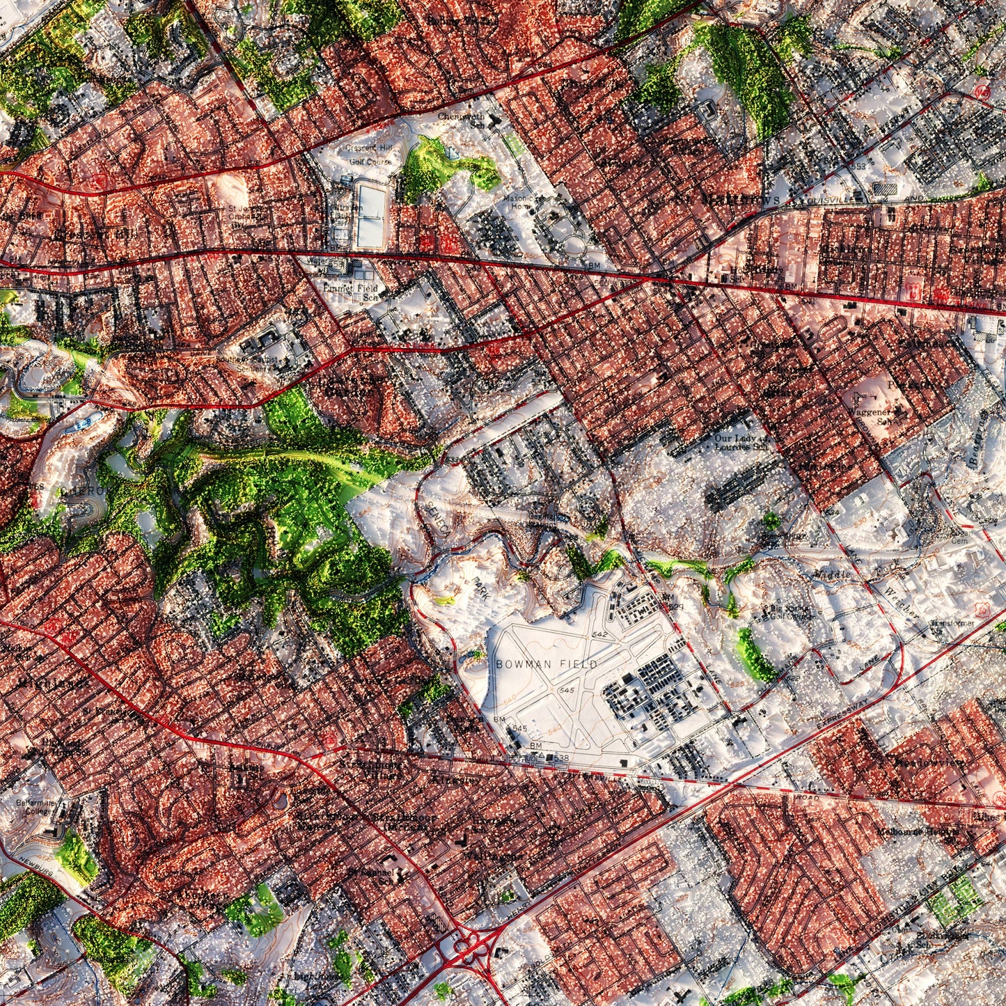 Louisville, Kentucky 1955 Shaded Relief Map