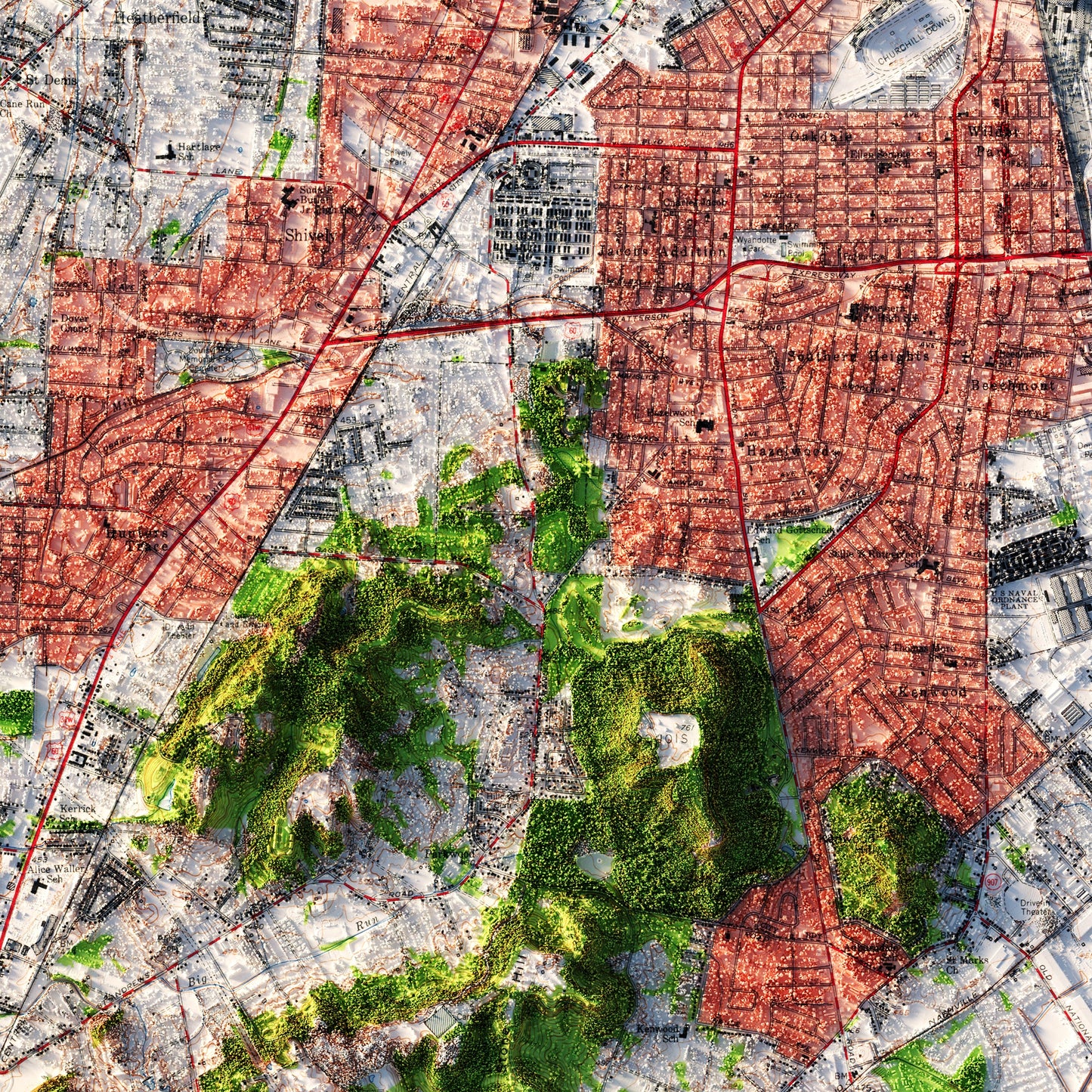 Louisville, Kentucky 1955 Shaded Relief Map