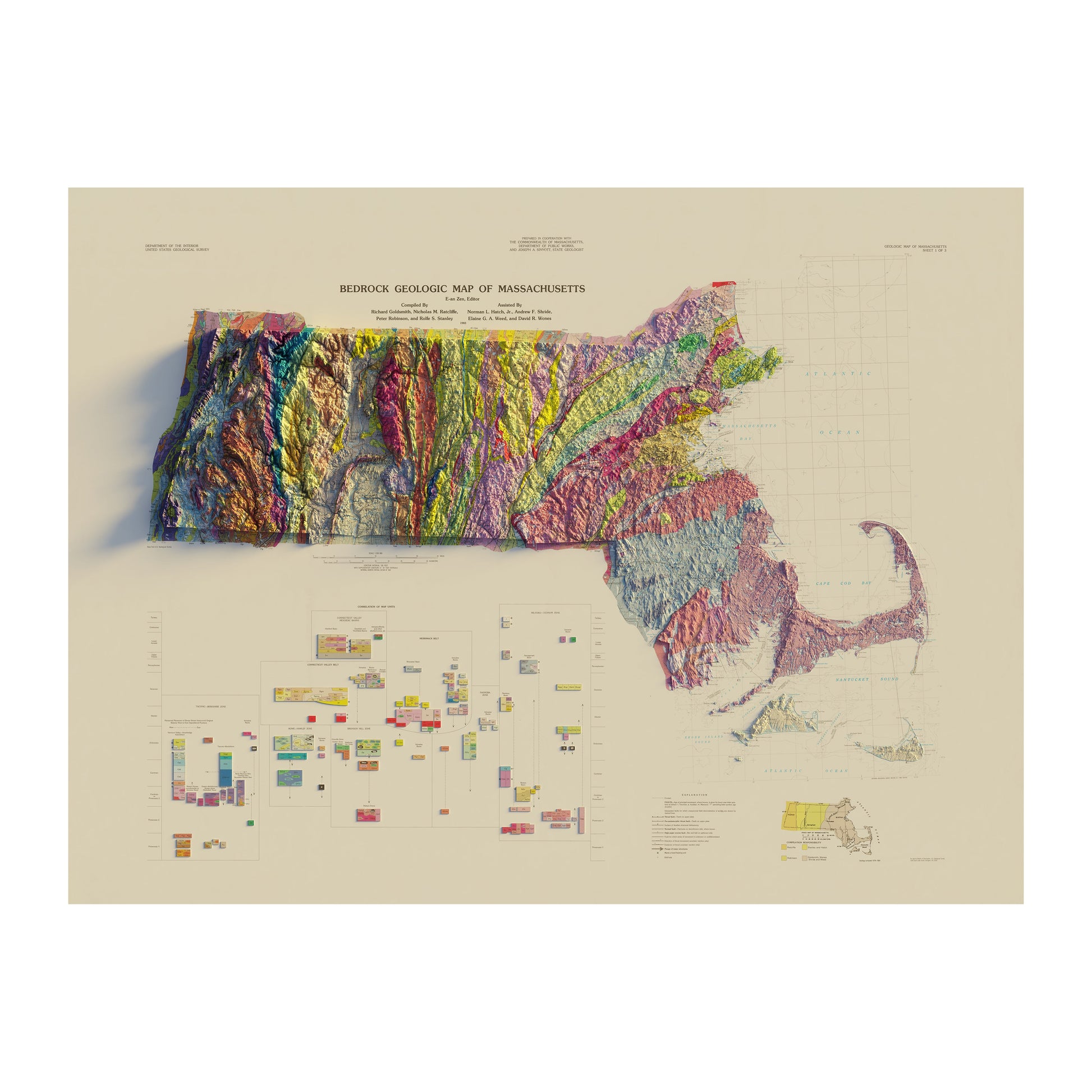 Vintage Massachusetts Relief Map - 1983