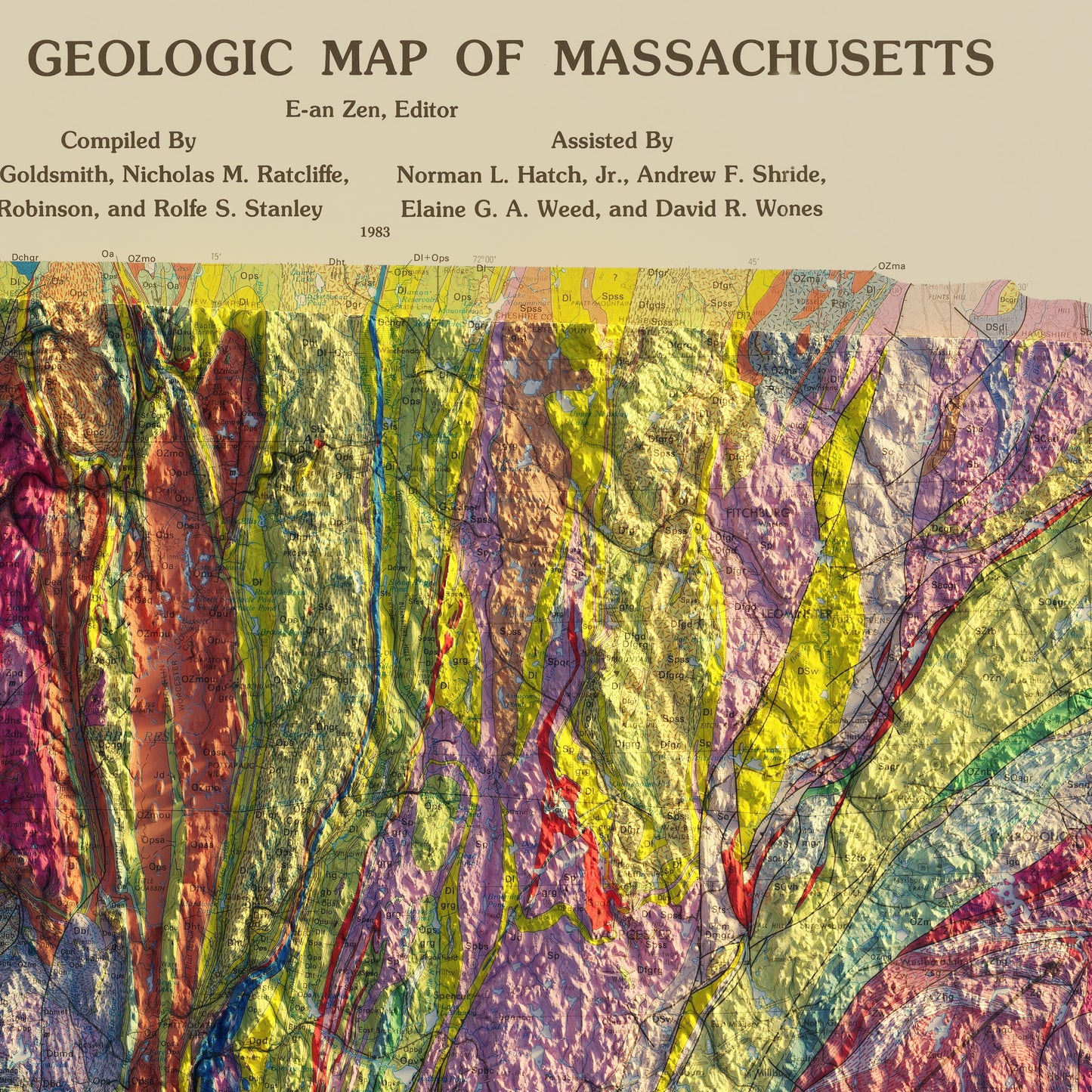 Massachusetts 1983 Shaded Relief Map