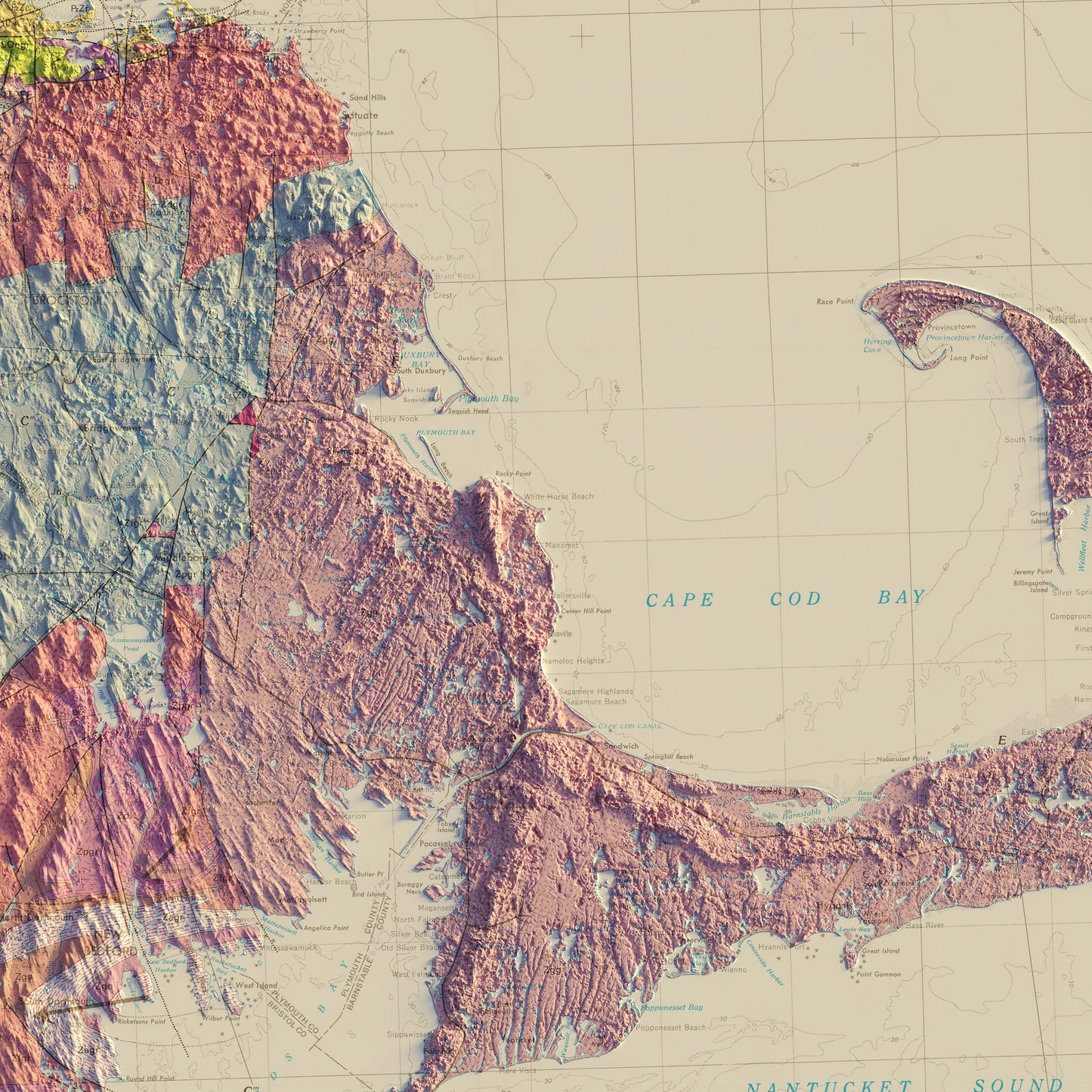 Massachusetts 1983 Shaded Relief Map