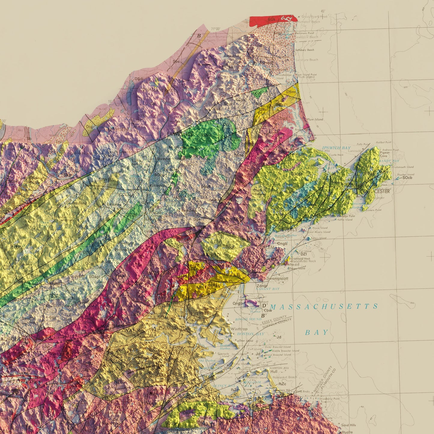 Massachusetts 1983 Shaded Relief Map