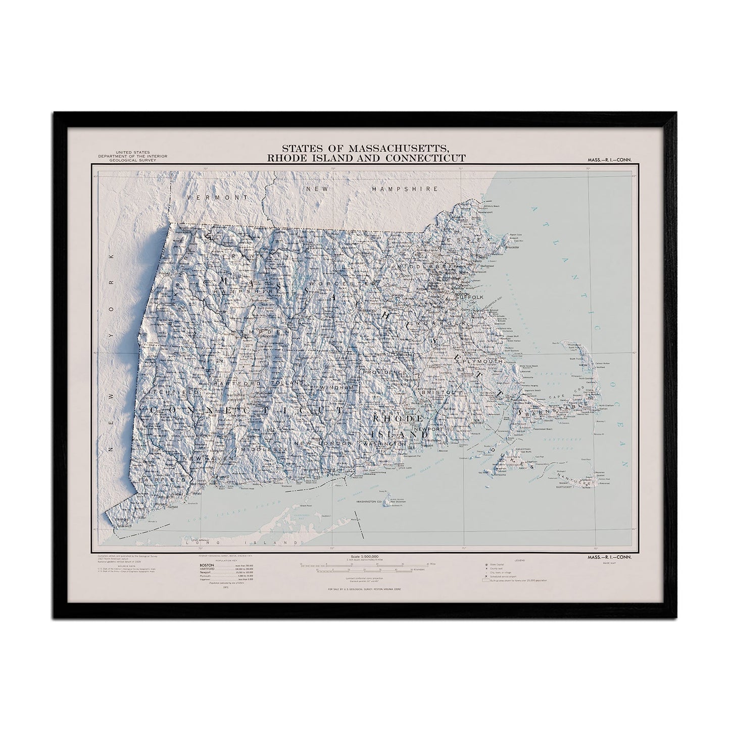 Vintage Massachusetts, Rhode Island, & Connecticut Relief Map - 1975