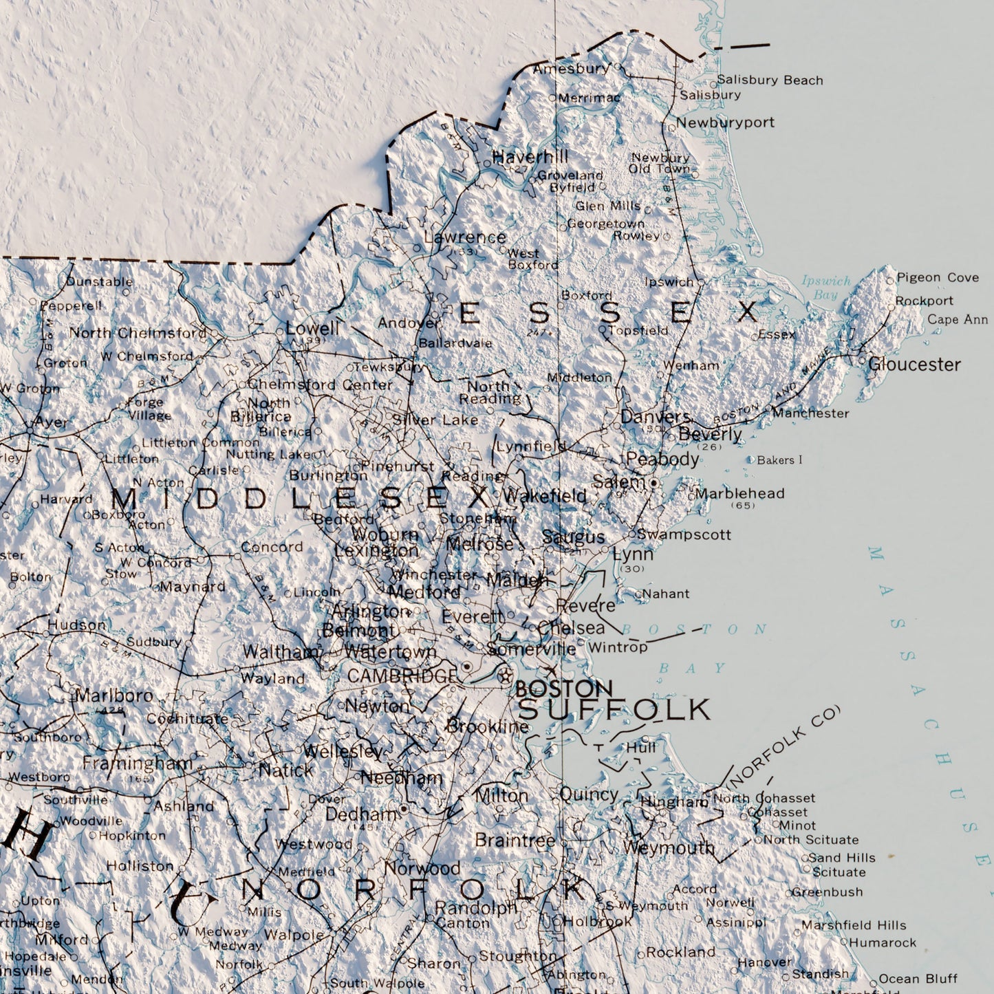 Massachusetts, Rhode Island, and Connecticut 1975 Shaded Relief Map