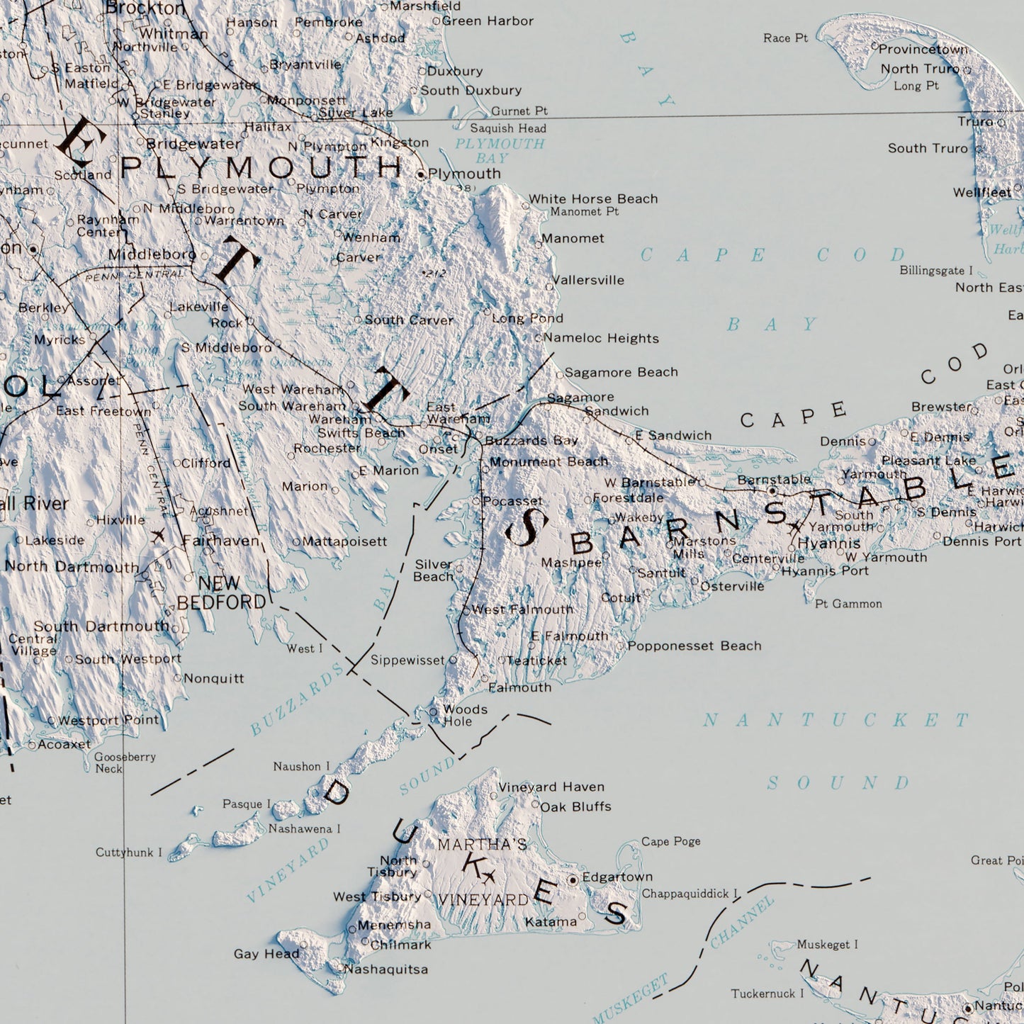 Massachusetts, Rhode Island, and Connecticut 1975 Shaded Relief Map