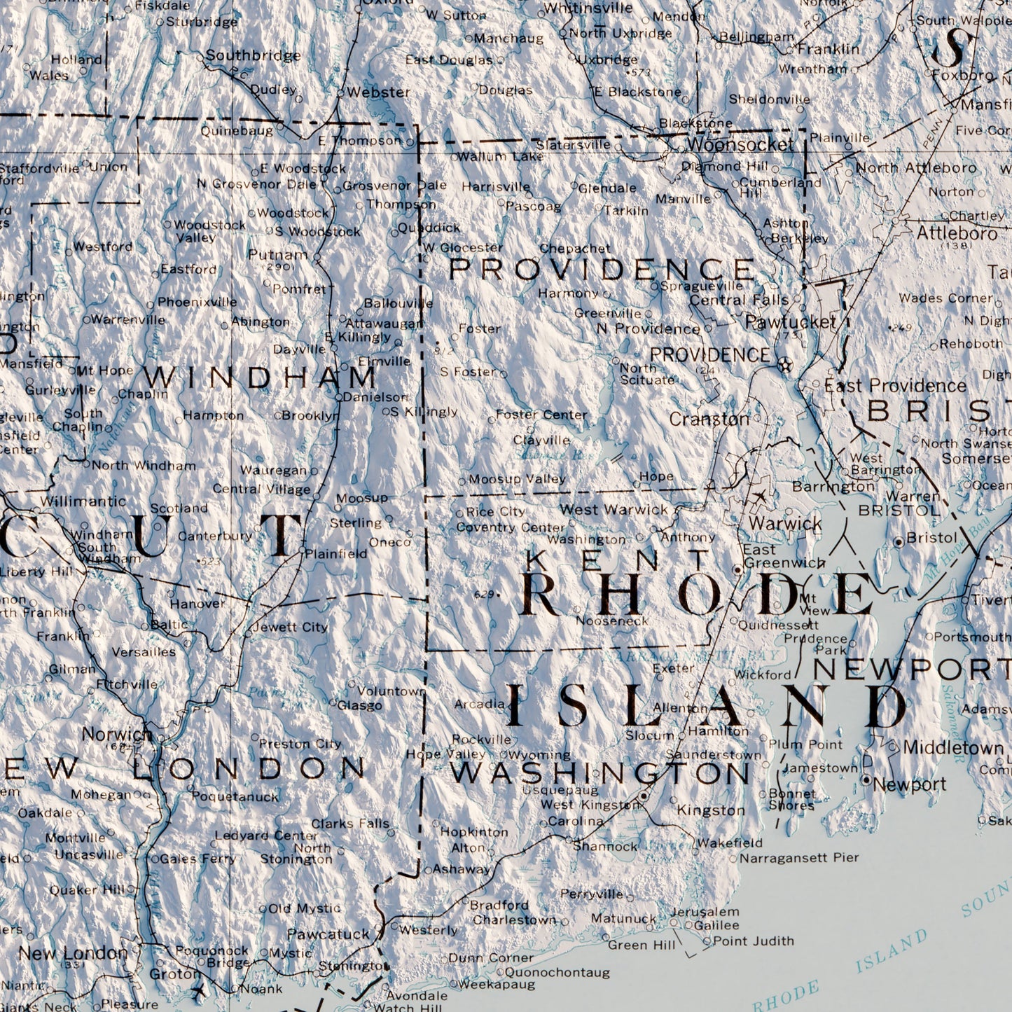 Massachusetts, Rhode Island, and Connecticut 1975 Shaded Relief Map