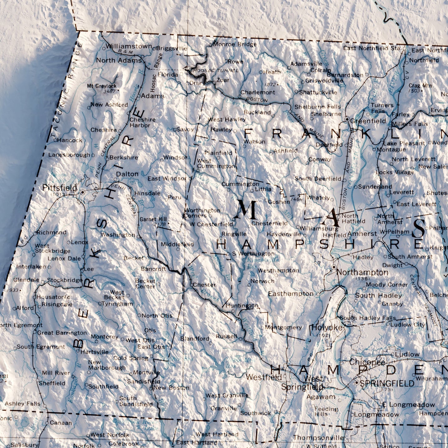 Massachusetts, Rhode Island, and Connecticut 1975 Shaded Relief Map