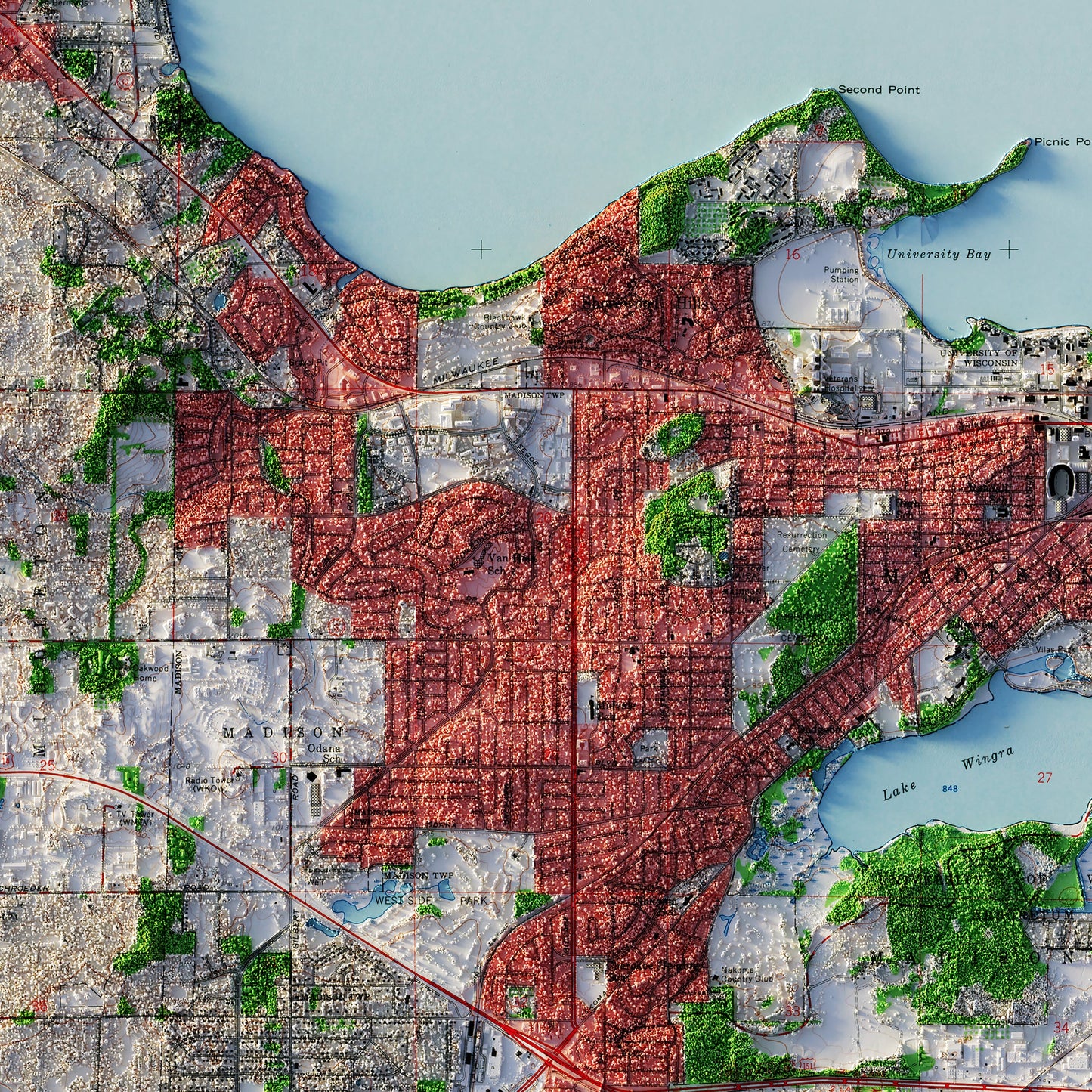 Madison, Wisconsin 1959 Shaded Relief Map