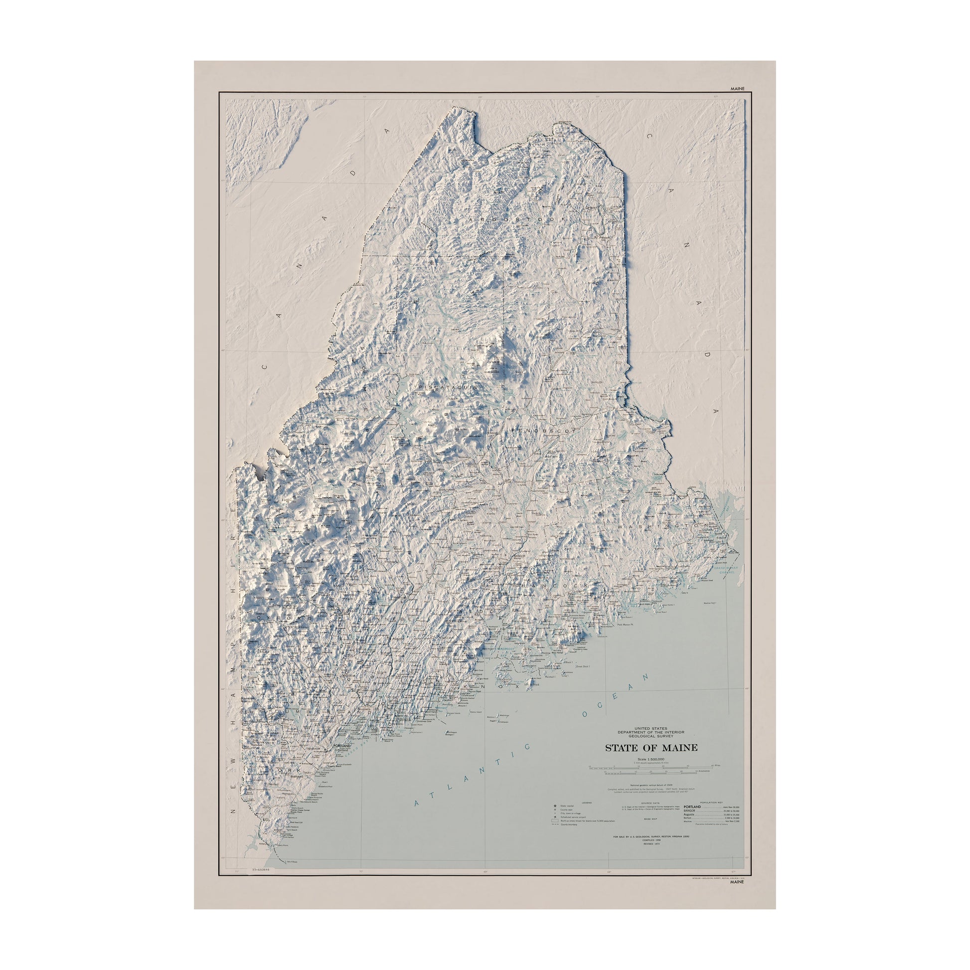 Vintage Maine Relief Map - 1976