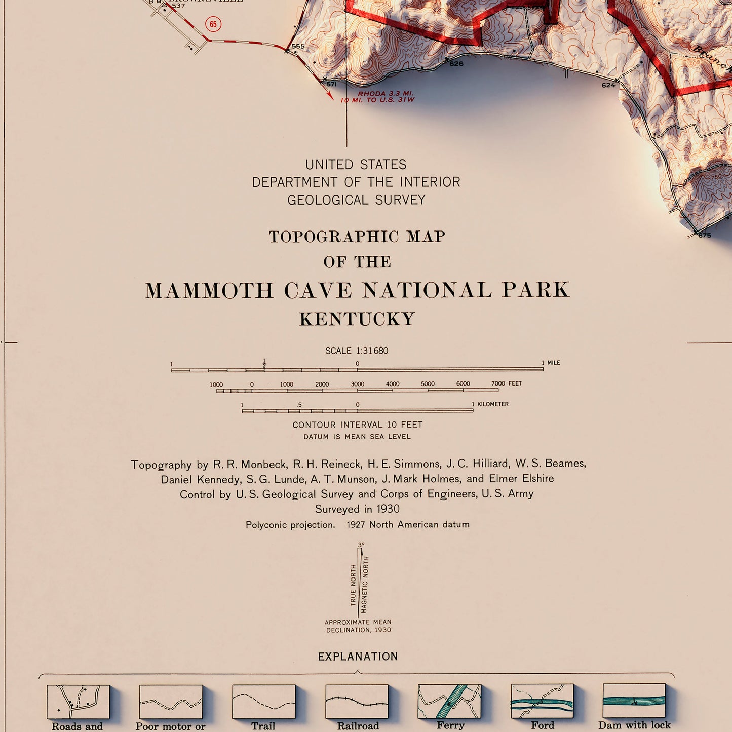 Mammoth Cave National Park 1930 Shaded Relief Map