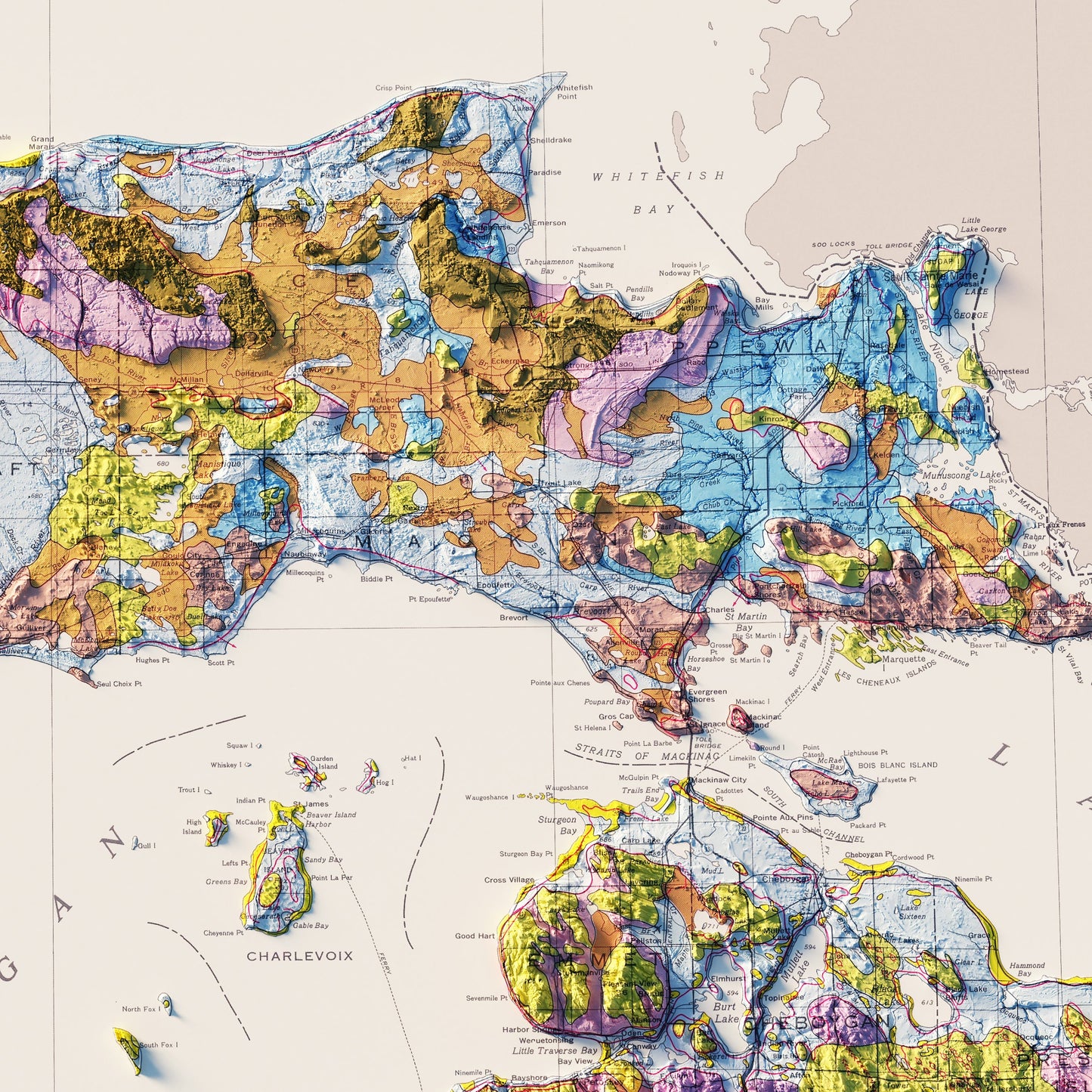 Michigan, Upper Peninsula 1982 Shaded Relief Map