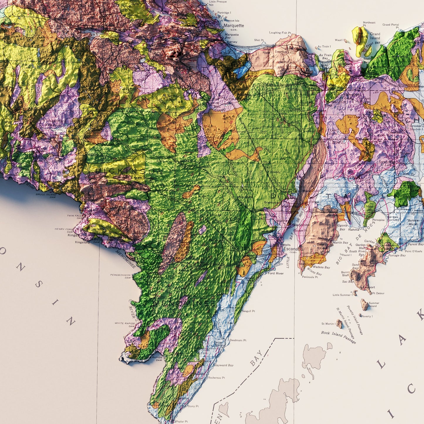 Michigan, Upper Peninsula 1982 Shaded Relief Map