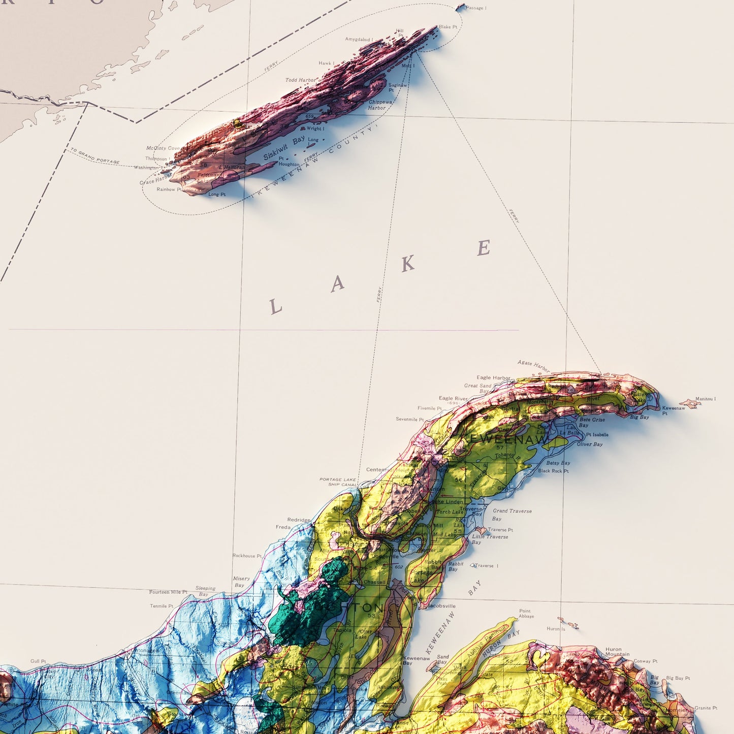 Michigan, Upper Peninsula 1982 Shaded Relief Map