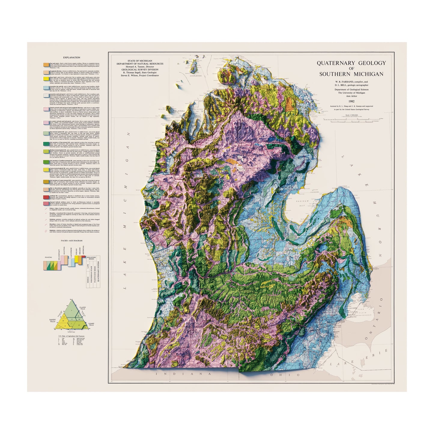 Vintage Relief Map of Southern Michigan - 1982