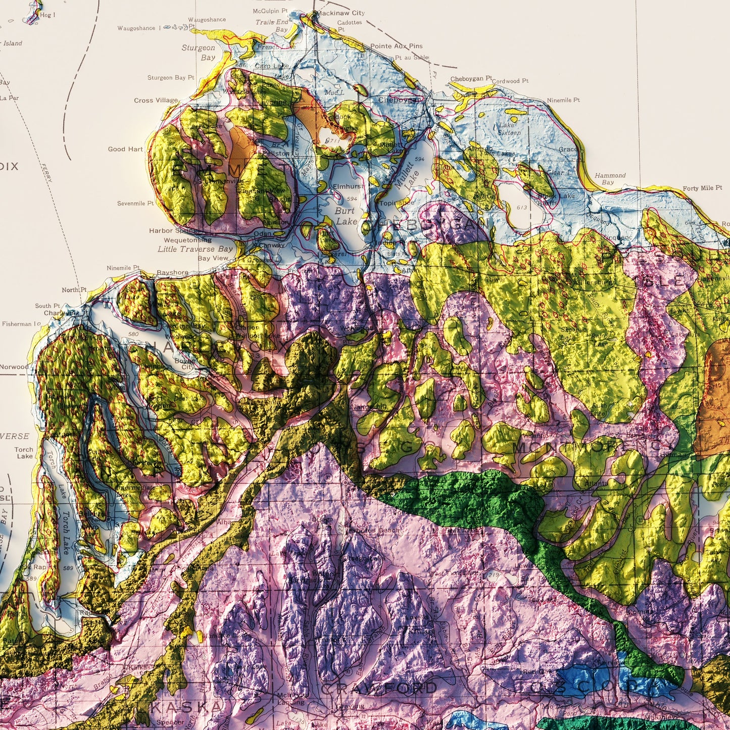 Michigan, Lower Peninsula 1982 Shaded Relief Map