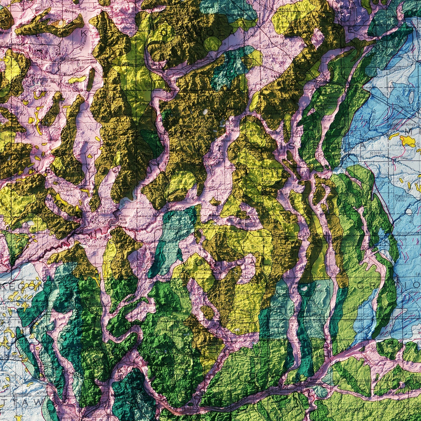 Michigan, Lower Peninsula 1982 Shaded Relief Map